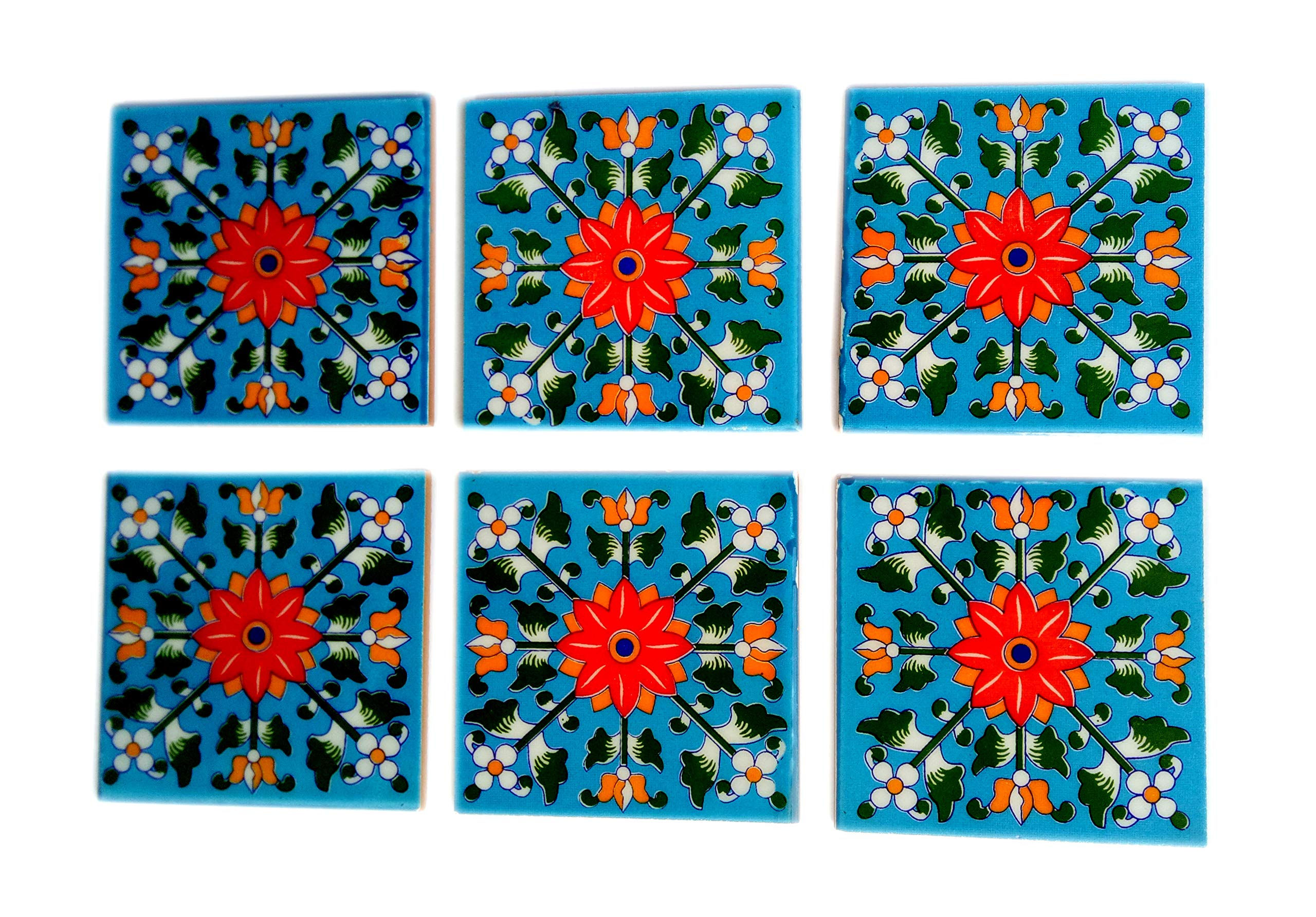 SHIV KRIPA Blue Pottery Floral Handmade Tabletop Interior Exterior Flooring Wall Kitchen Washroom Tile Decorative Mosaic Tiles 4 x 4 Inch Set of 6 Tiles (Multi)
