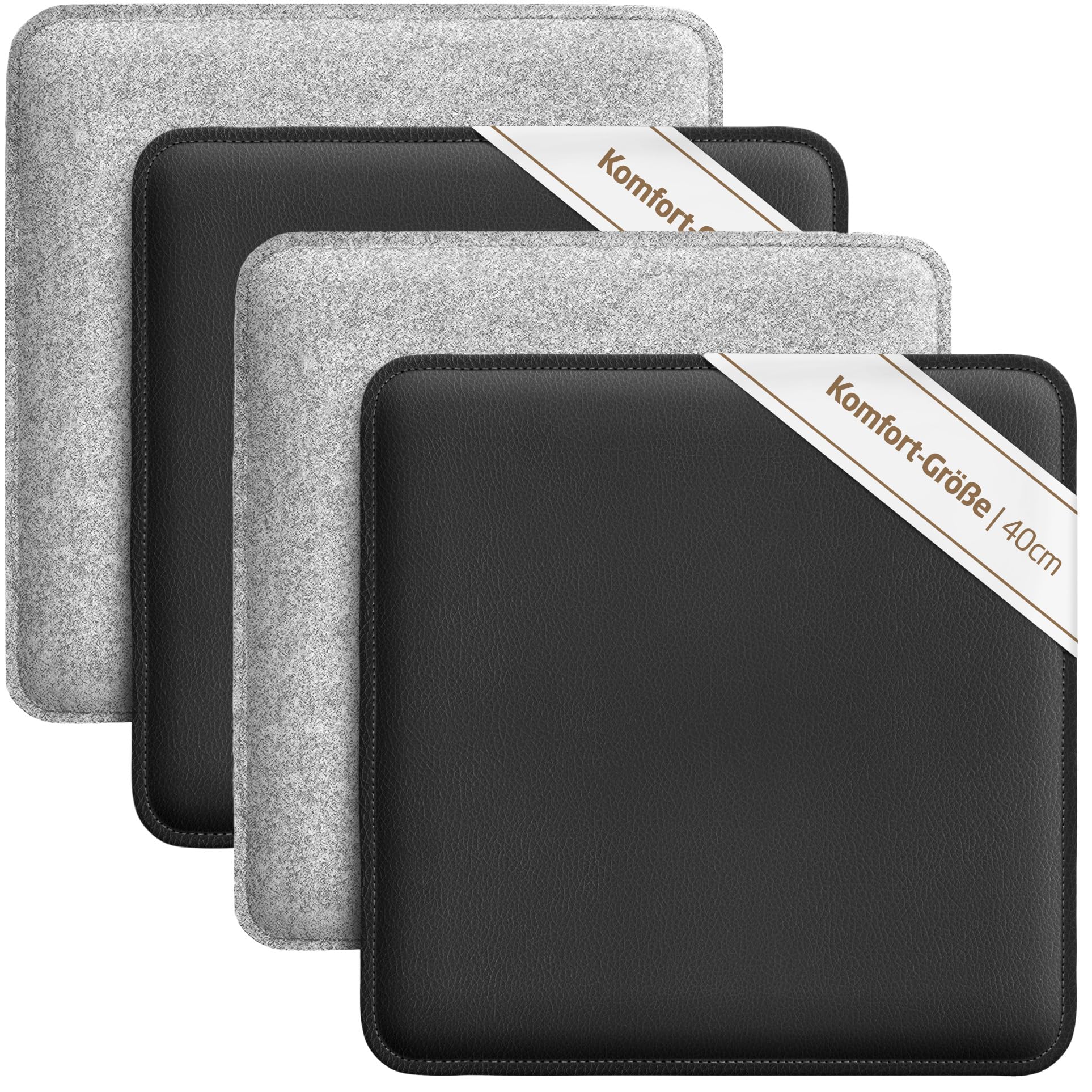 Miqio Design Sitzkissen | Wendekissen Rechteckig aus Filz und Kunstleder | Komfortgröße XL Stuhlkissen 40x40 cm | 4er-Set | Sitzauflage für Bank und Stuhl | Hellgrau-Schwarz
