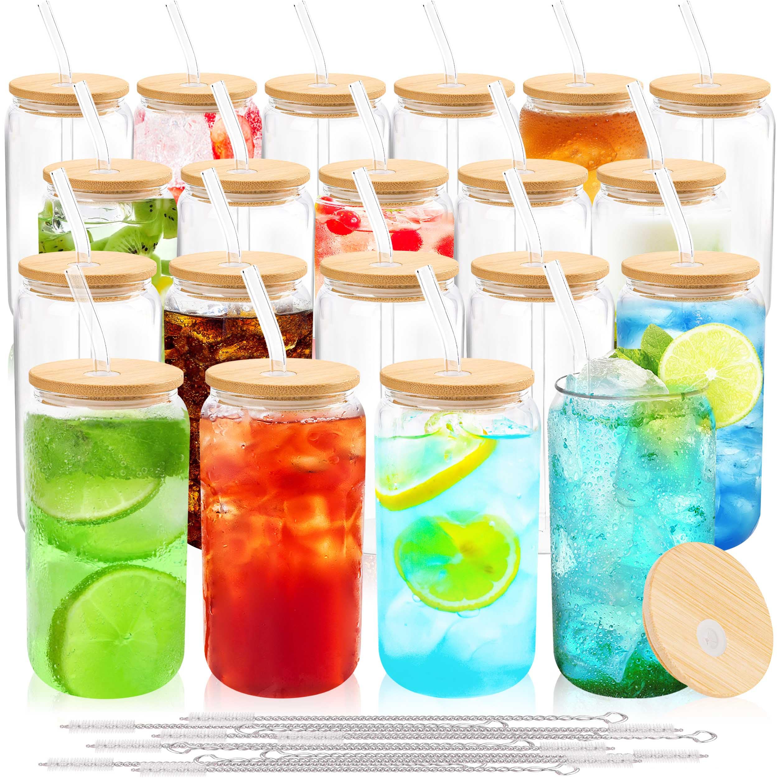 Joyclub Juego de 20 vasos de vidrio con tapas de bambú y popotes de 16 onzas, reutilizable, taza de café helado, lata de cerveza, tarros para batidos, whisky, Boba, refrescos, té, regalo