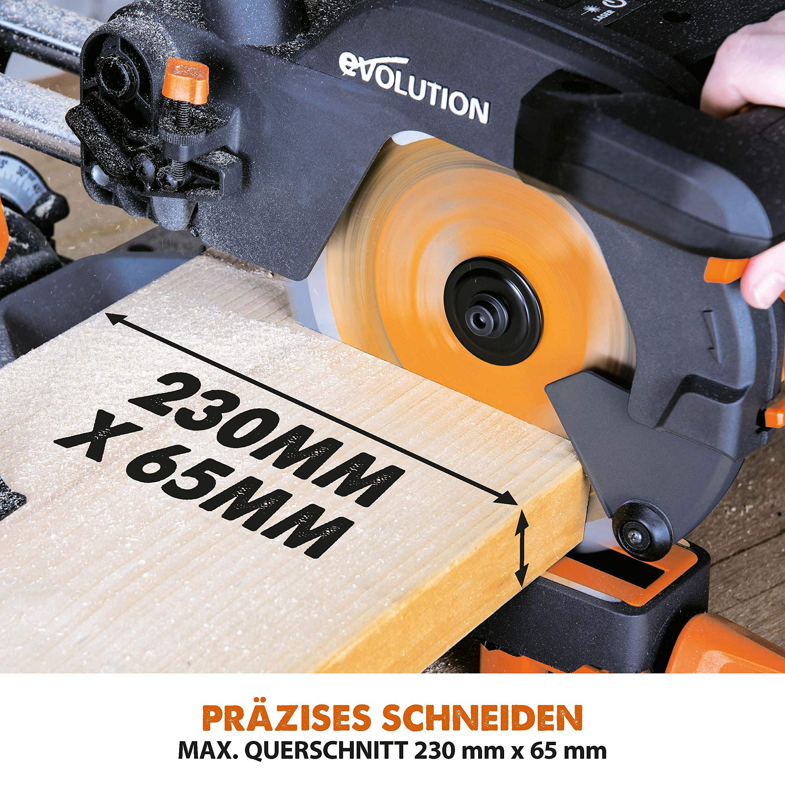 Evolution Schiebe-Kapp- und Gehrungssäge R210SMS+ | 1500 W, 230 mm Gleitfunktionalität, Schrägschnitt, Gehrungswinkeln | Ø 210 mm HM / TCT Sägeblatt für Multimaterialschnitt | Zug-kapp-gehrungssäge