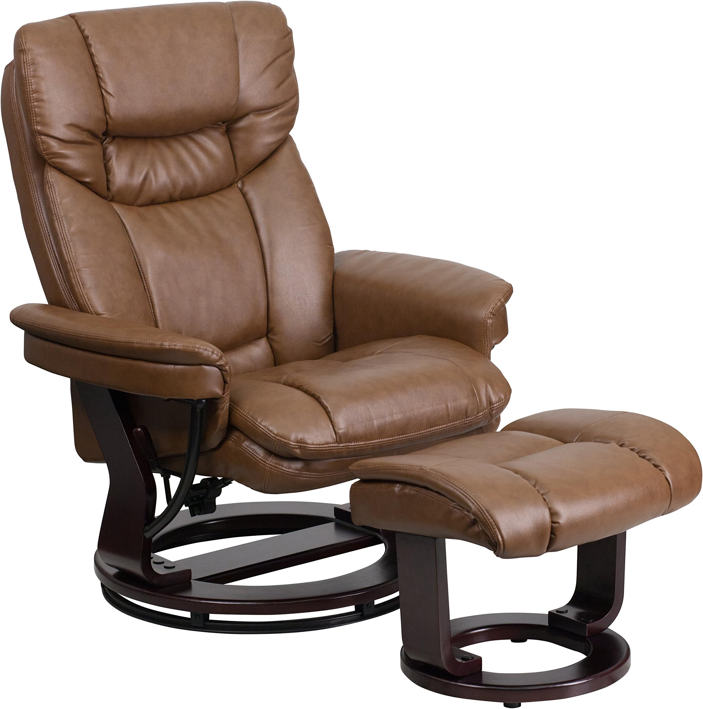 Allie LeatherSoft Upholstered Recliner with Footrest, Arms, and Headrest, Padded Swivel Recliner Chair and Ottoman Set, Palimino