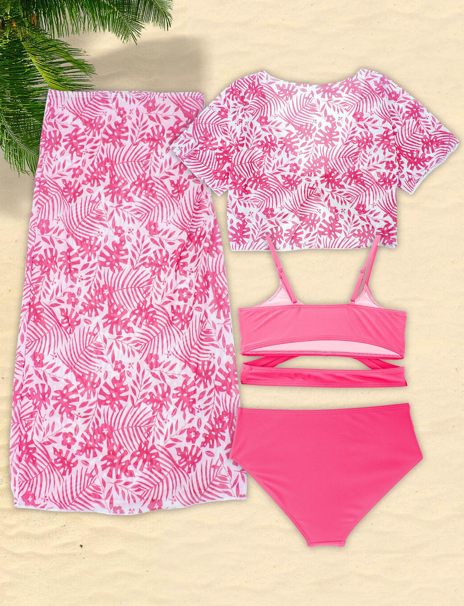 Panegy Ragazze Costumi da Bagno 4 Pezzi Bikini Tuta da Bagno Coprire Top con Pantaloncini da Spiaggia Gonna Bambini Nuoto Costume Surf Costumi da Bagno 8-12 Anni