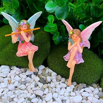 Mood Lab Fairy Garden Figurines - Sitting Fairies Set (2 pcs) - Miniature Decorative Statues - Outdoor Indoor Garden Decor