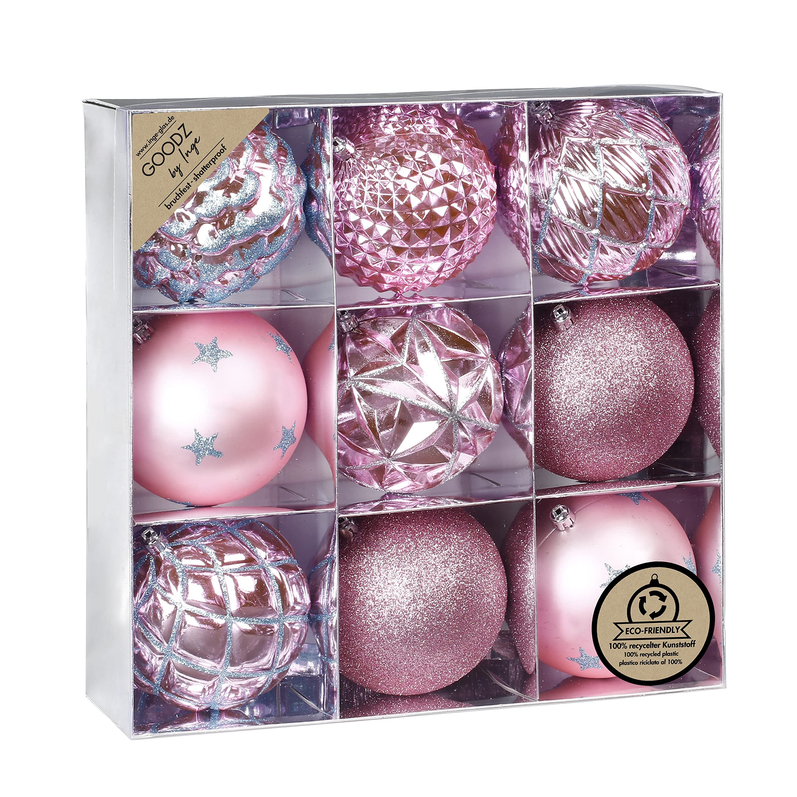 Weihnachtskugeln Kunststoff 10cm x 9 Stück Muster Ornamente Mix Christbaumkugeln (Rosa)