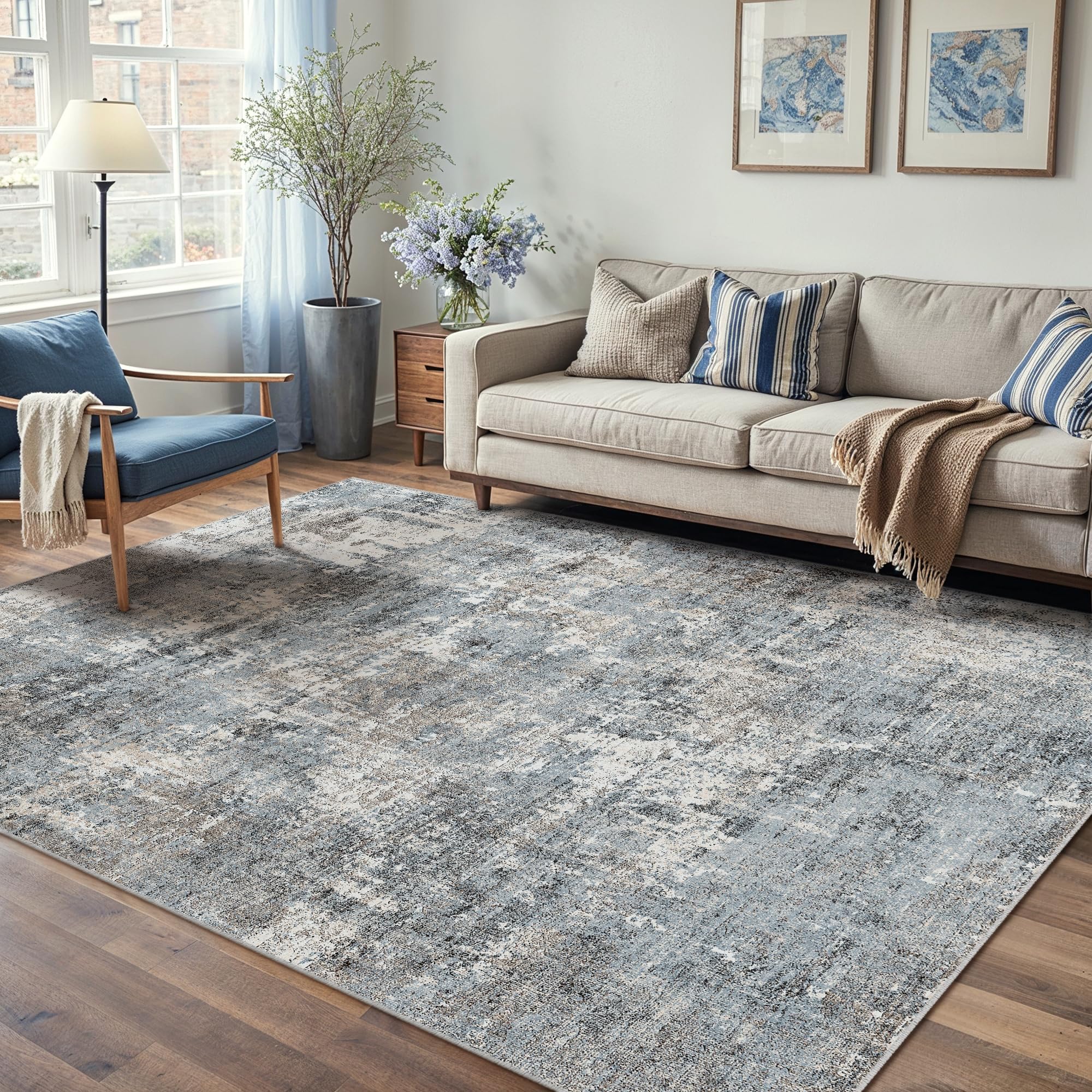 PureCozy Machine Washable Area Rug 6x9 Grey Large Living Room Indoor Accent Rug Neutral Modern Abstract Low Pile Carpet Non Slip Distressed Throw Rug