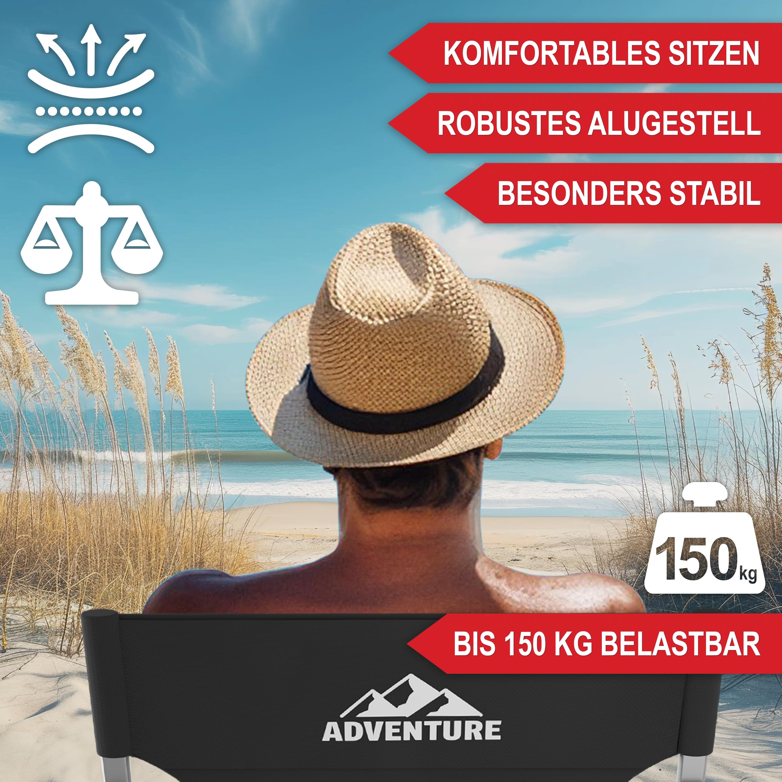 Onbest Campingstuhl faltbar – mit Kühlfach & Klapptisch, Schwarz | Bequem gepolsterter Klappstuhl bis 150 kg mit Getränkehalter & Tasche – kompakter Faltstuhl für Camping, Outdoor und Garten