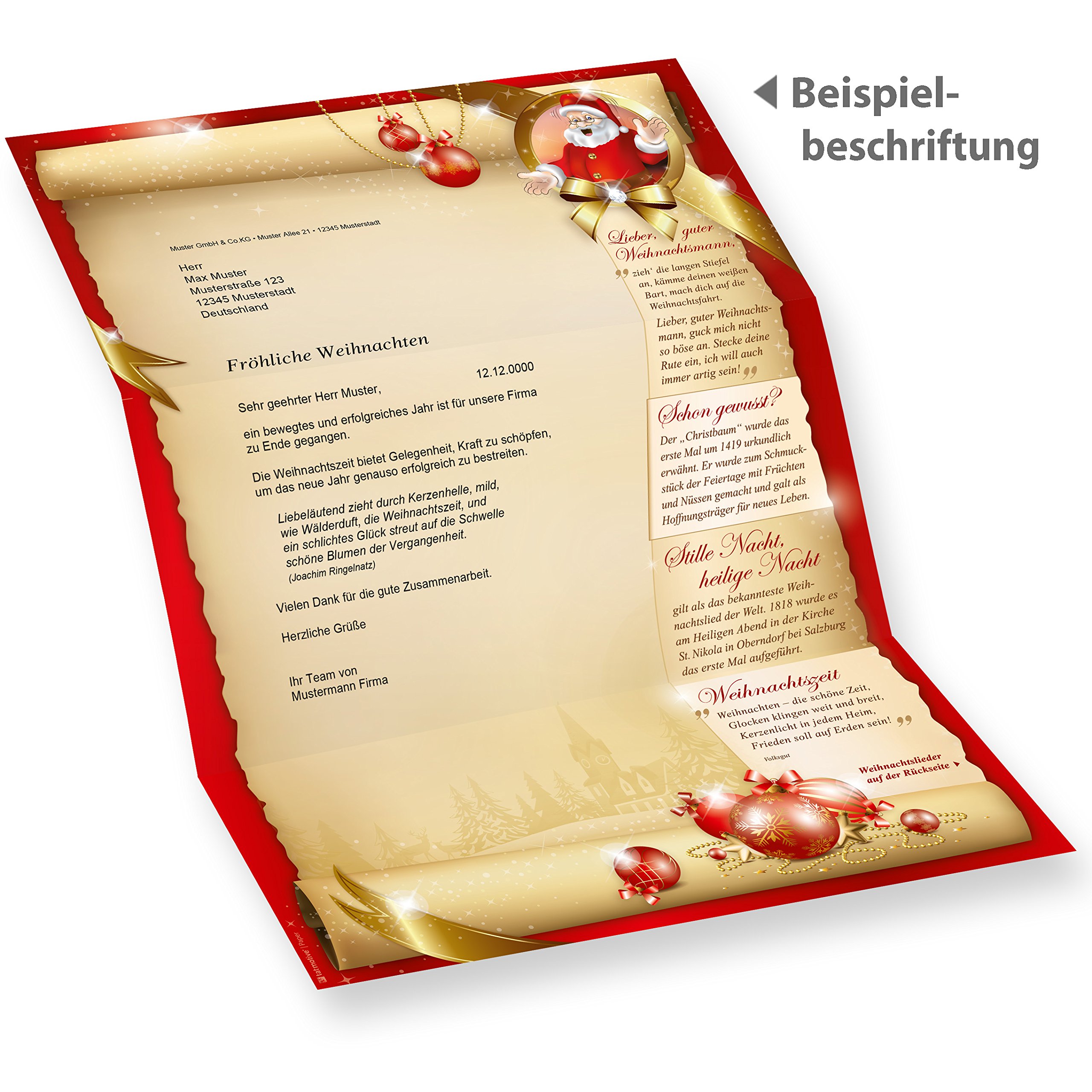 Weihnachtsbriefpapier SANTA CLAUS beidseitig (500 Blatt) Briefpapier mit Weihnachtsliedern auf der Rückseite für Weihnachten