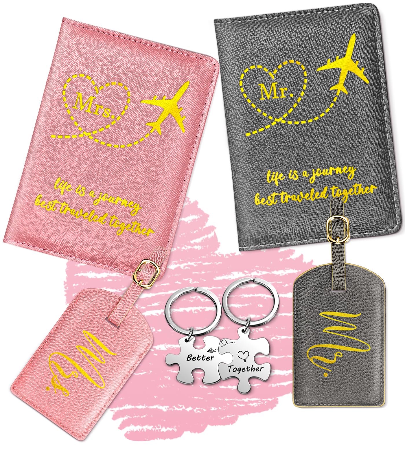 Mr. and Mrs. Passport Holder Lugguage Tag Set for Travel - Leather Passport Book Personalized Organizer Card Protector Sleeve Suitcase Cover Wallet Case Essentials Slim Carrier, Pink Grey-image-49