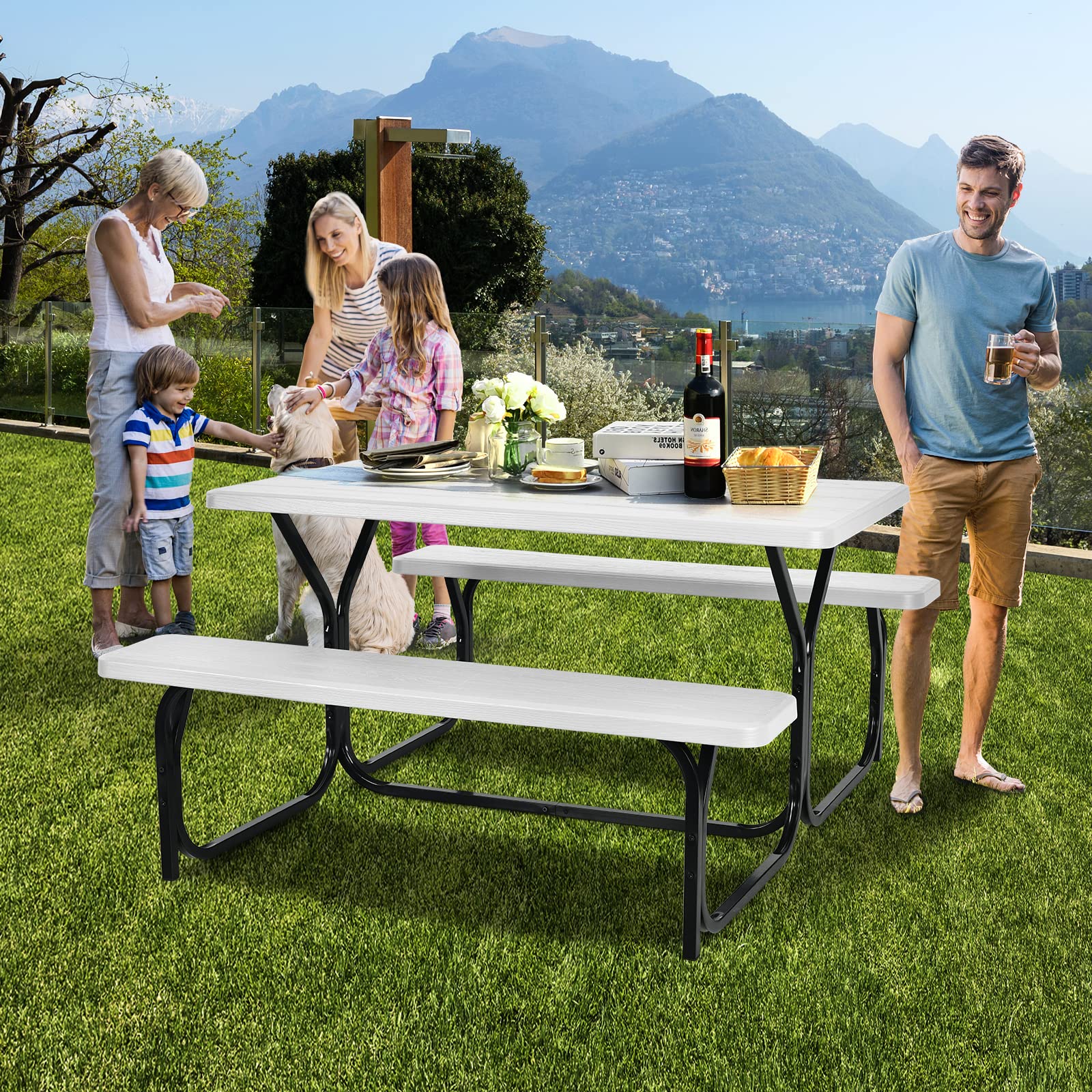 GOPLUS Bierzeltgarnitur Campingtisch mit 2 Bänken, Picknick Sitzgarnitur mit HDPE-Tischplatte & Stabilem Metallgestell, Gartensitzgruppe für 4 Personen, 137 x 150 x 72 cm (Weiß)