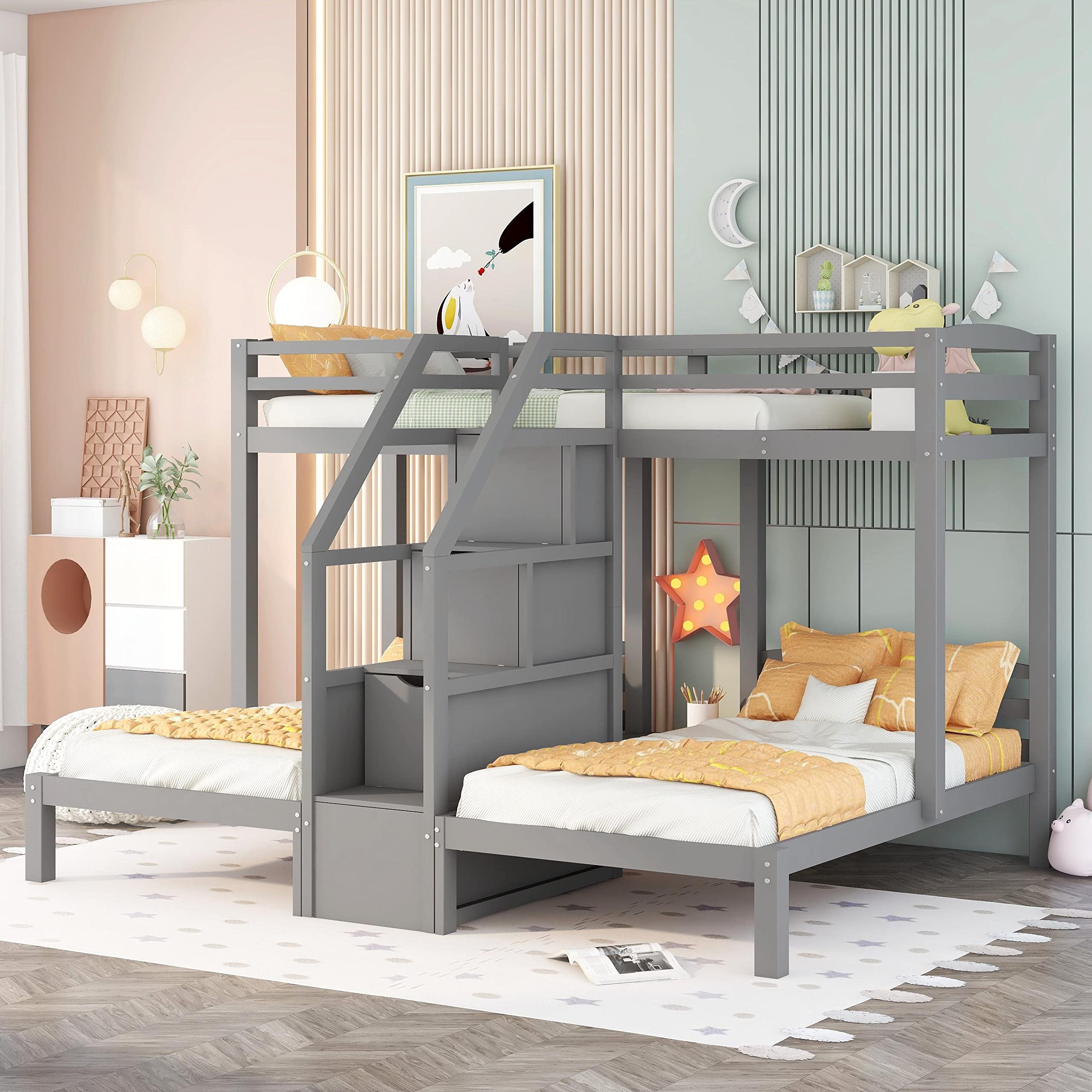 Buy Triple Bunk Bed with Stairs, Twin Bunk Beds for 3, Wooden Bunk Bed