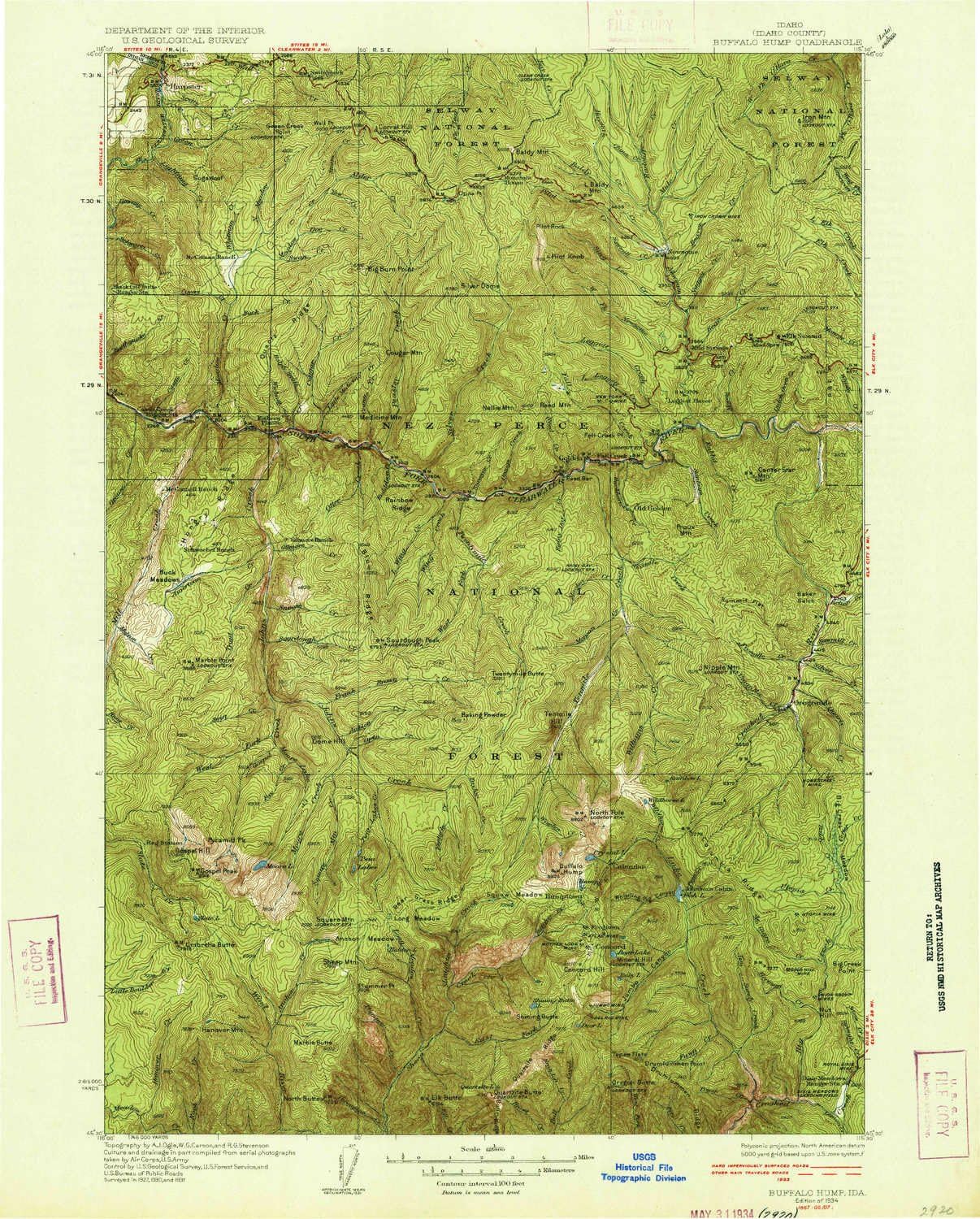 YellowMaps Buffalo Hump ID topo map, 1:125000 Scale, 30 X 30 Minute, Historical, 1934, 19.7 x 15.9 in - Tyvek
