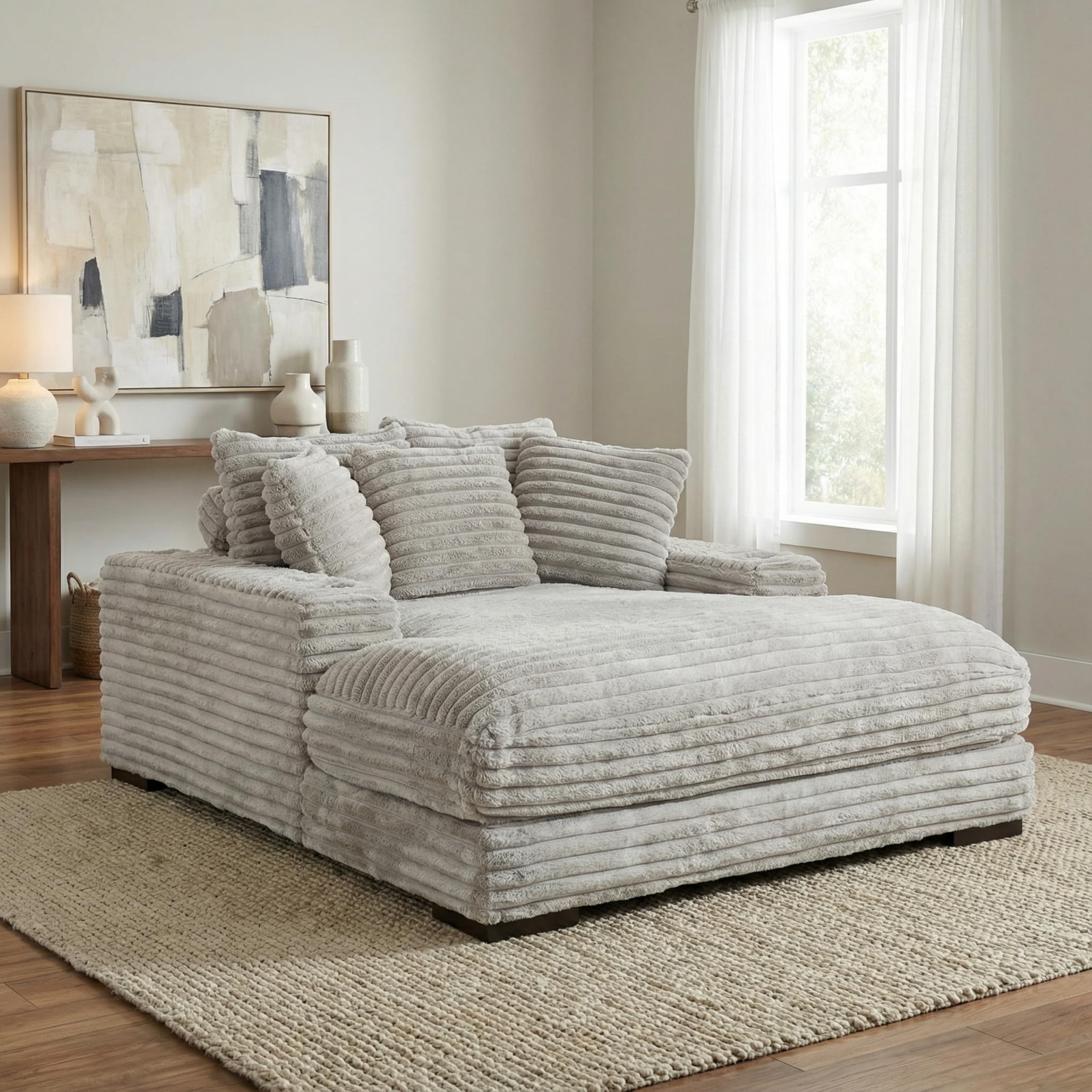 Cocoon Grey Oversized Chaise Lounger – Ultra-Soft Faux Fur Corduroy, Built-in USB Ports & Cup Holders, Spacious & Cozy Design for Ultimate Relaxation