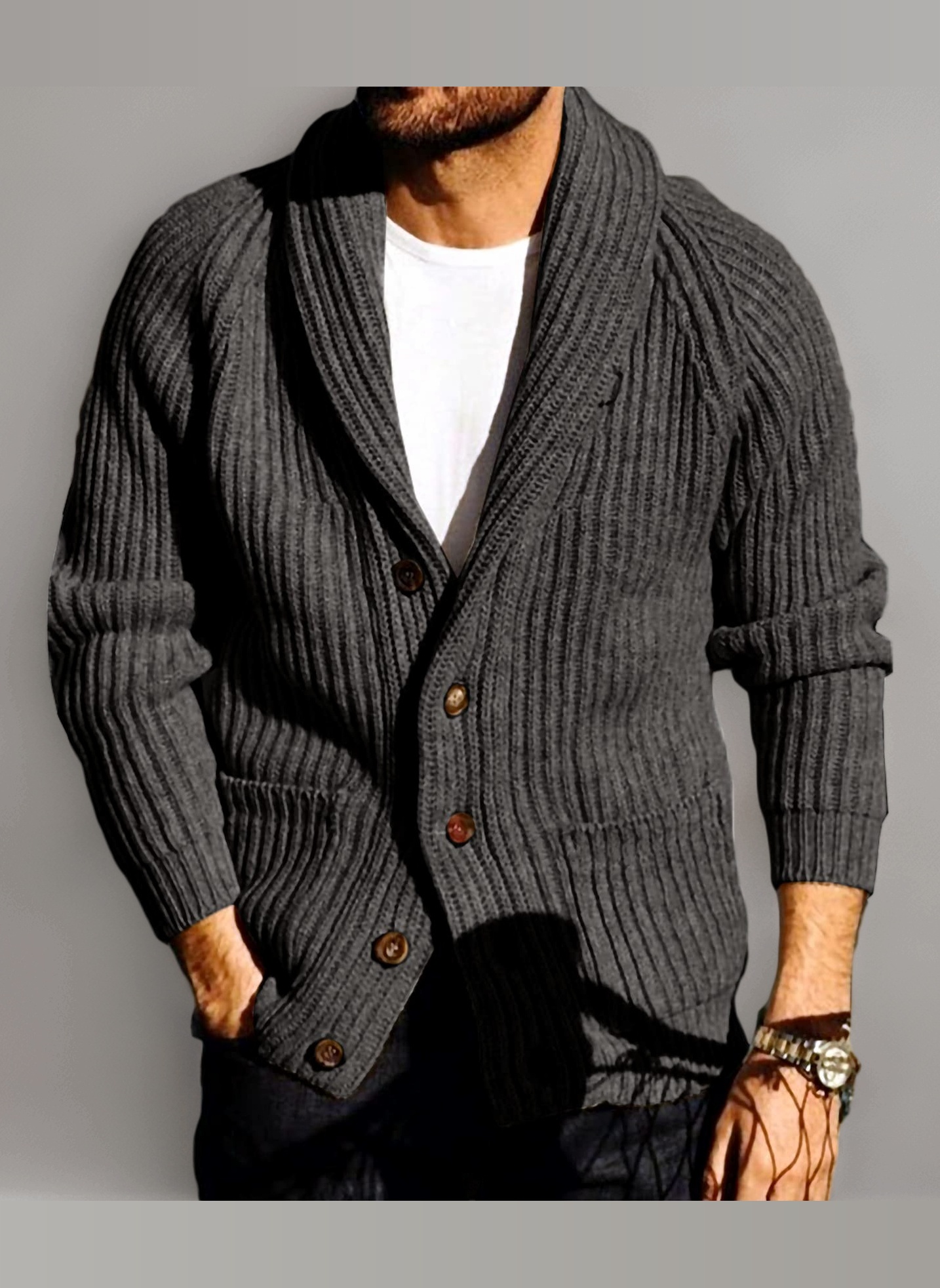 Mens Cardigan Knitted Chunky Jacket Shawl Collar Cable Knit Loose V Neck Knitwear Outerwear