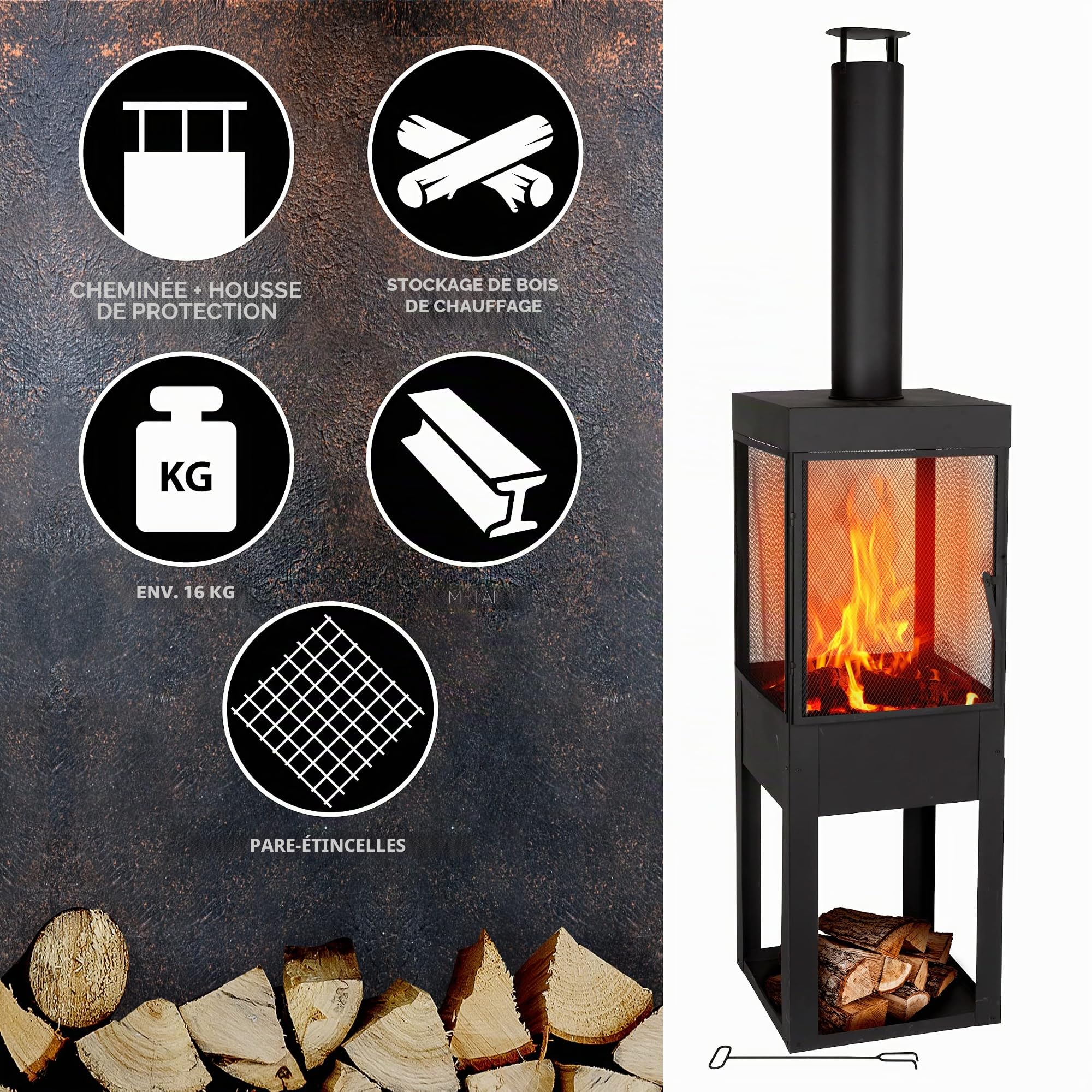 BBQ Collection Brasero Exterieur avec Cheminée - Cheminée de Jardin 194 x 44 x 47 cm - Cheminée de Terrasse avec Pare-Étincelles - Poêle à Bois Decoration Jardin - Acier au Carbone