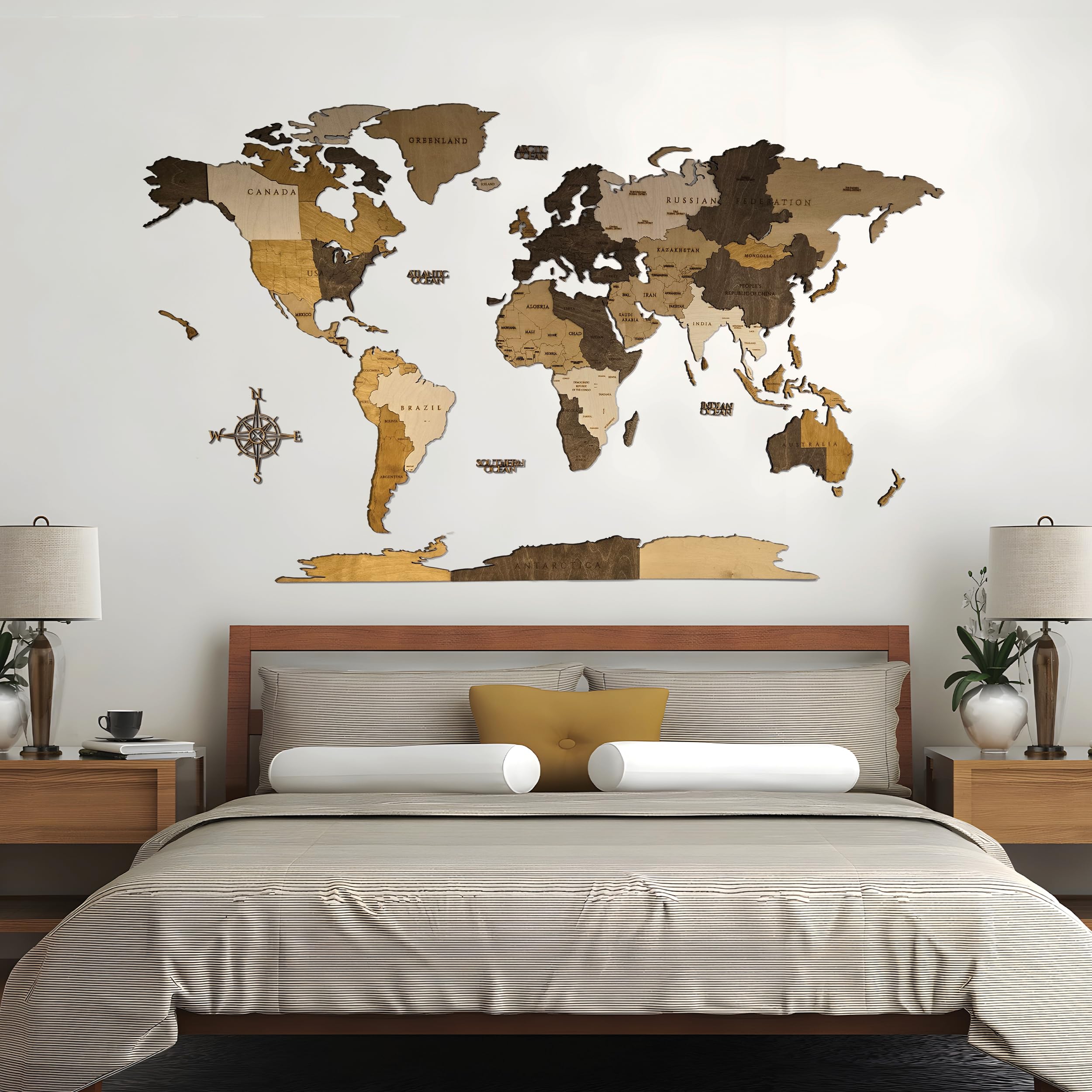 AREDE - Mapa del mundo de madera 3D para pared -120 x 75 cm - Decoración mural moderna para salón, oficina, dormitorio - Idea regalo original - Diseño elegante con detalles preciso