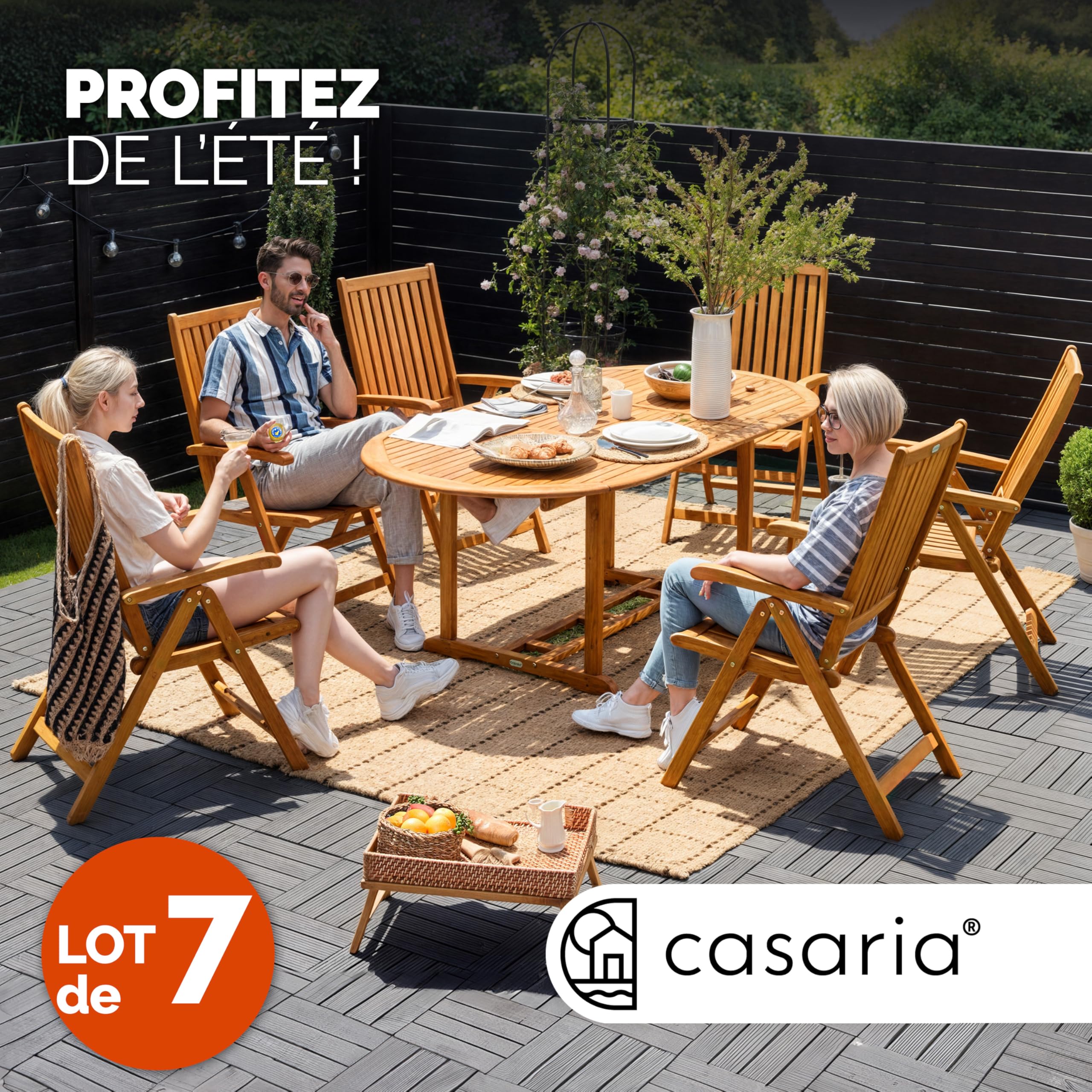 Casaria® Salon De Jardin Extérieur Papillon - Table De Jardin Extensible 200 cm Et 6 Chaises avec Accoudoirs - Bois D'eucalyptus FSC® - Ensemble Pliable Résistant Et Durable avec Trou pour Parasol