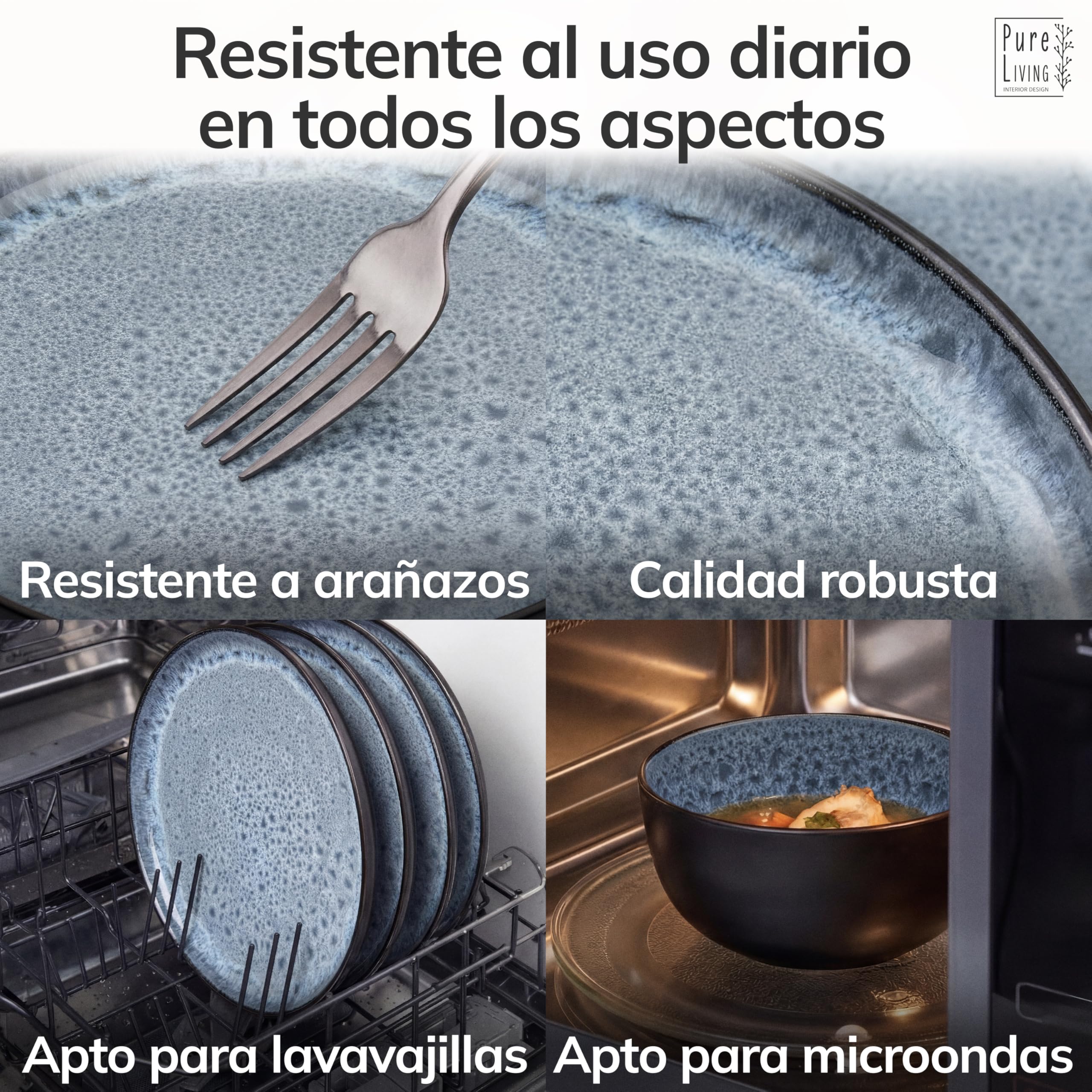 Juego de 6 Platos Grandes de Gres Ibiza - Elegantes Platos para Comida, Apto para Lavavajillas y Microondas - Set de Vajilla para 6 Personas - Pure Living en azul humo