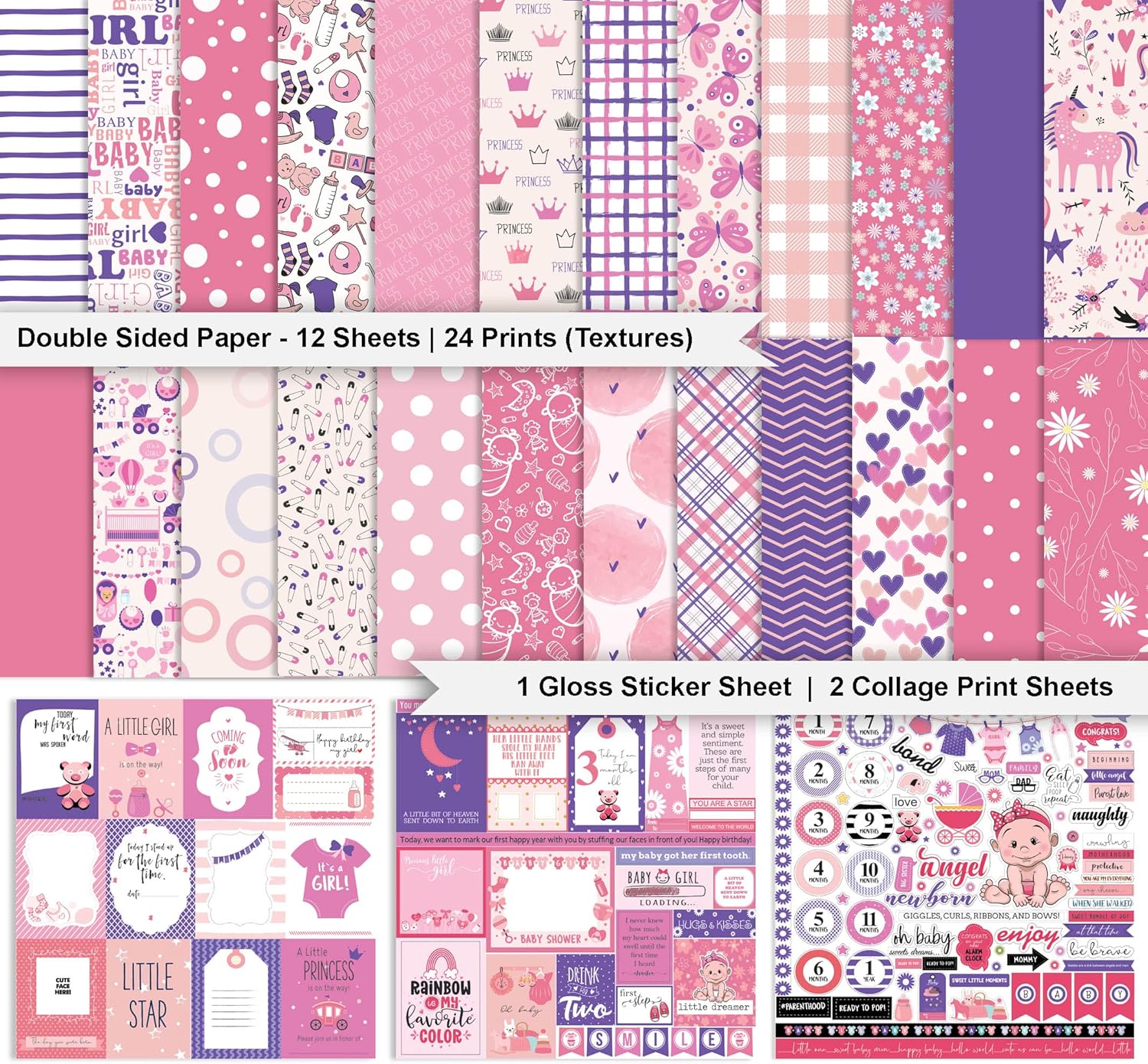Pink Baby Girl Theme Collection Double,Sided Scrapbook Paper Kit Cardstock 12"x12" Card Making Paper Pack of with Sticker Sheet - 16 Pages - Baby Pink