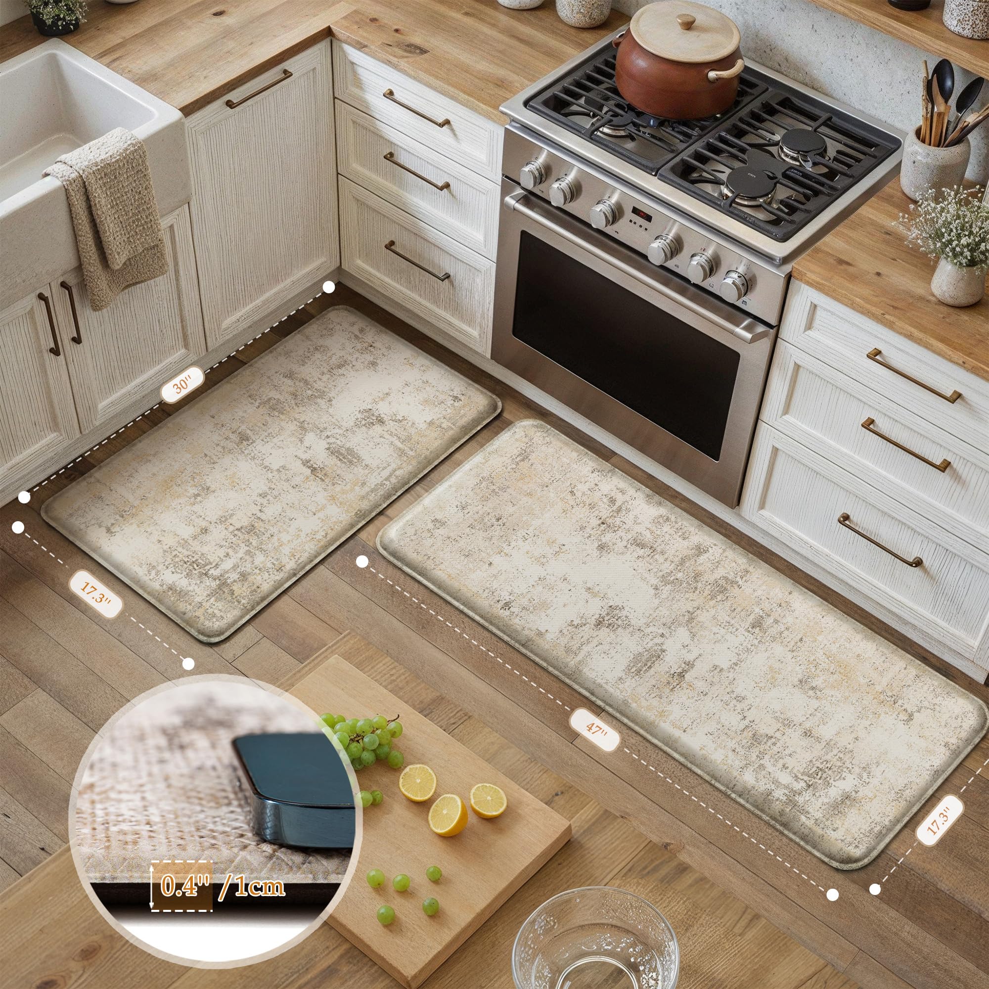 Close-up of the beige and grey abstract pattern on a WondRg kitchen mat.