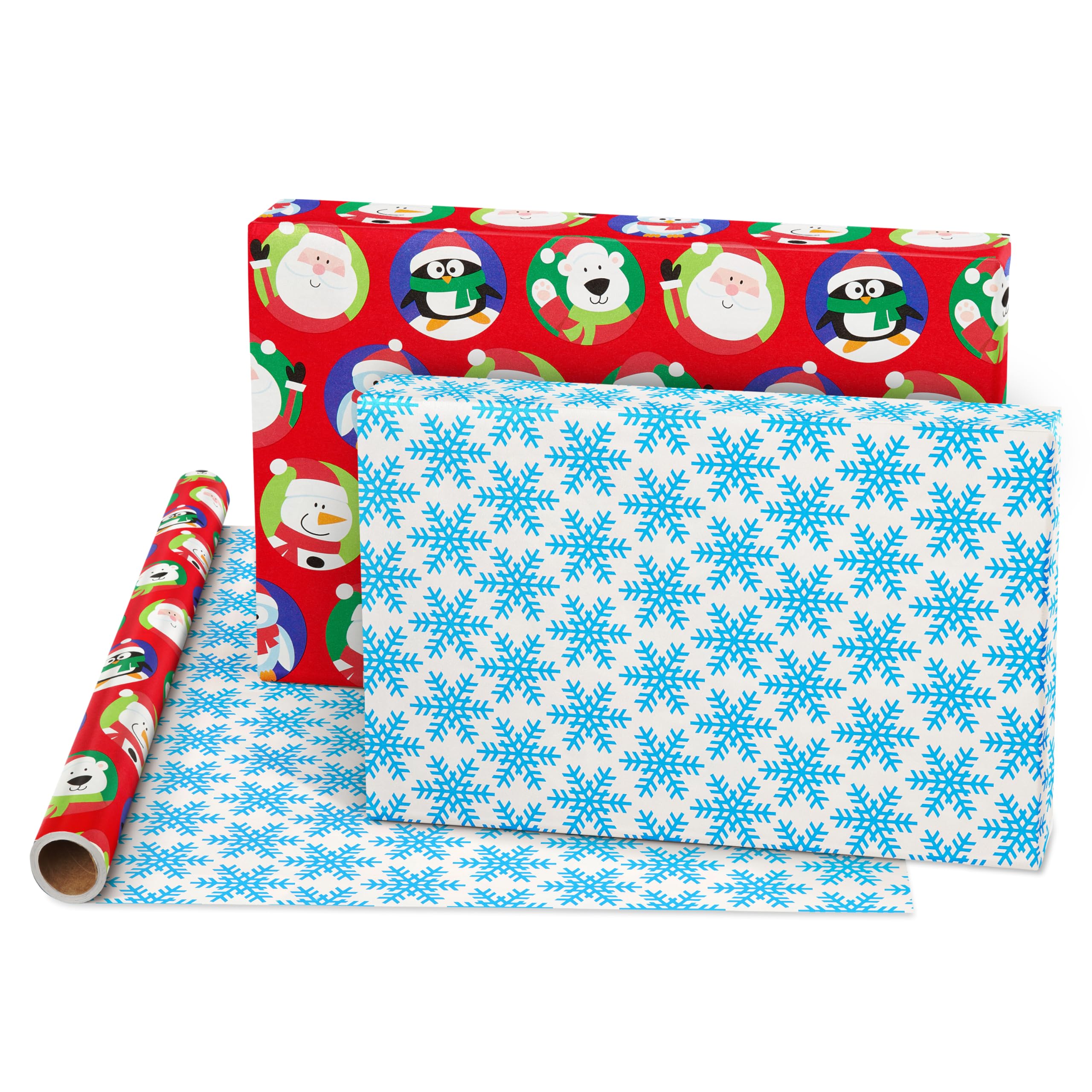 American Greetings Rouleau de papier cadeau réversible de Noël, Père Noël et flocons de neige (1 rouleau, 175 m²)