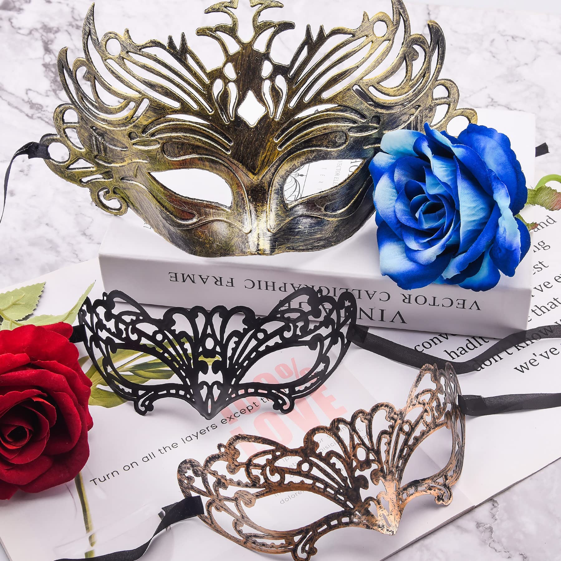 FEQO 32-Piece Masquerade Masks - Vintage & Venetian Styles, Black, Gold, Silver and Copper - Image 4