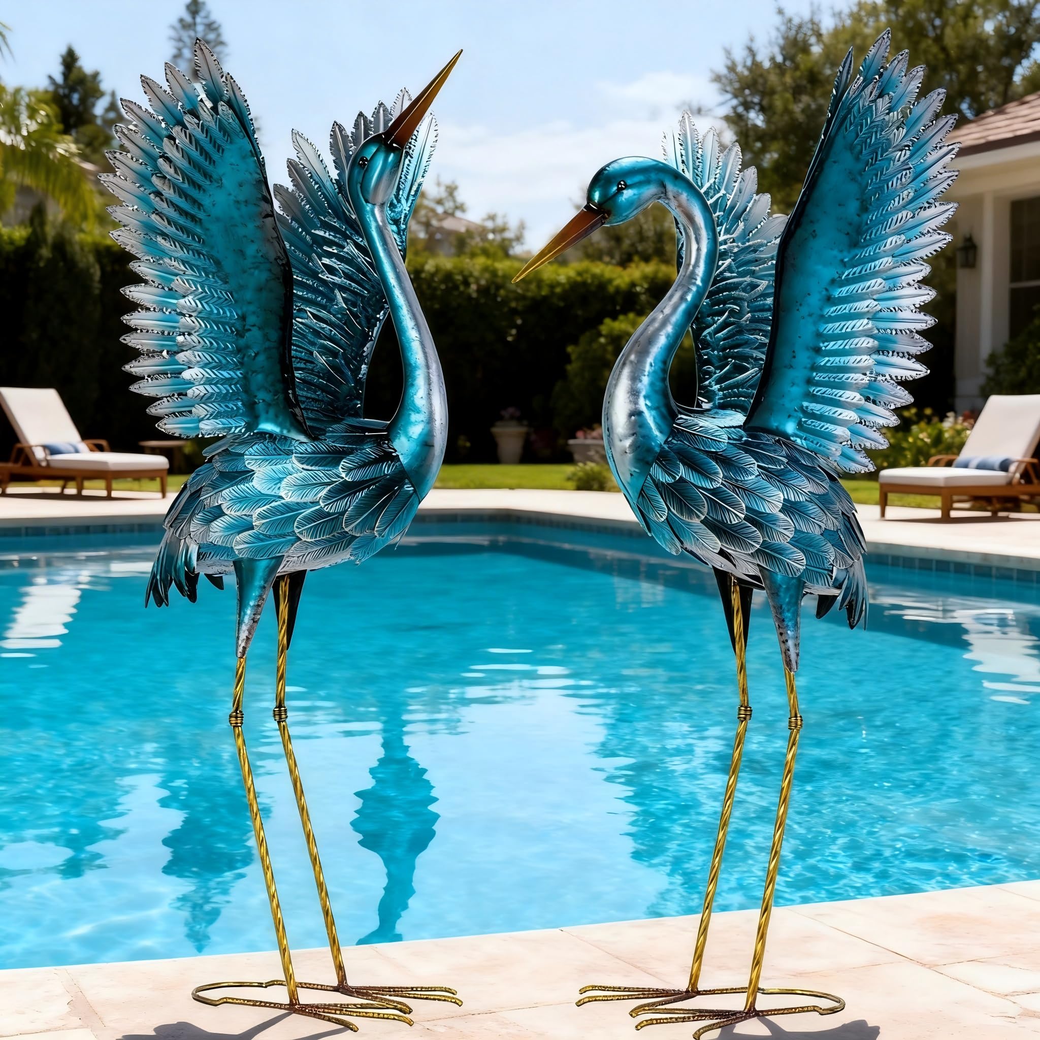 Natelf Garden Crane Statues for Outdoor, Blue Heron Decoy Courtyard Sculptures, Standing Metal Bird Yard Art for Patio Pond Backyard Decor(Set of 2)