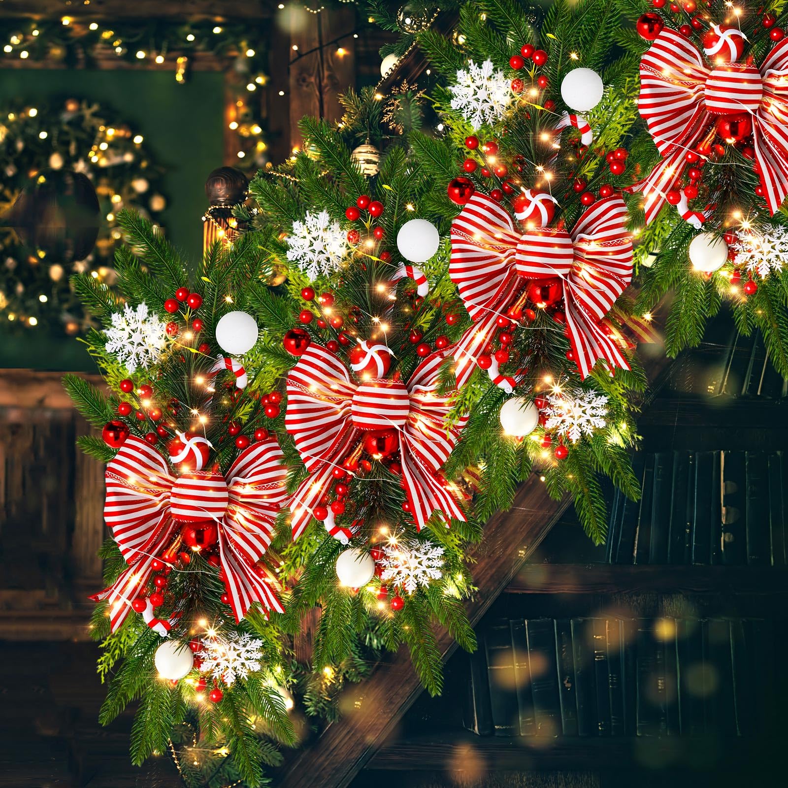 Lyrow Lot de 4 guirlandes de Noël artificielles de Noël de 61 cm - Sans fil - Prééclairées - Décoration de Noël pour extérieur, maison, jardin - Rouge et blanc - Style rétro