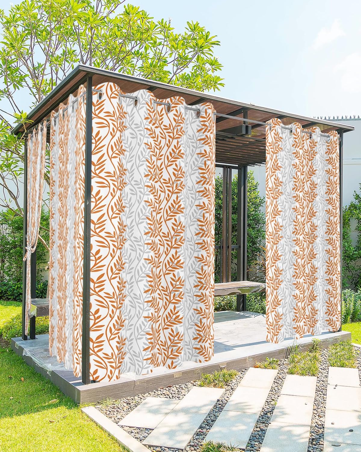 ALAGEO Outdoor Curtains Waterproof Tree Branch Waterproof Curtain for Patio Tangerine Grey Filtering Grommet Outside Curtains Panels for Patio Gazebo Balcony,Set of 2 54 x 95 Inch