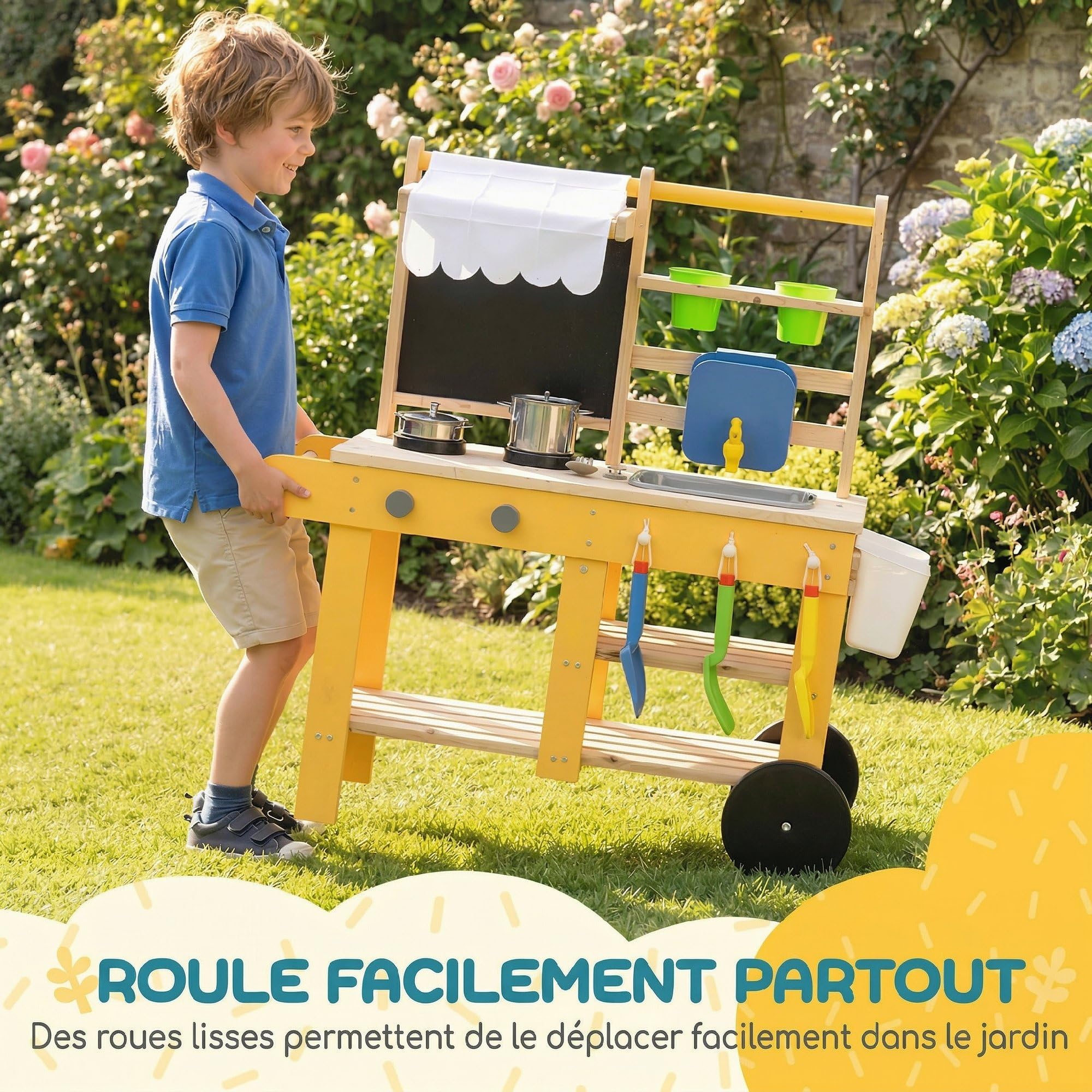 AIYAPLAY Cuisine Enfant en Bois avec roulettes, Cuisine Enfant Exterieur avec Eau Courante, Évier, Plaque de Cuisson, Étagère de Rangement, Pots de Plantation, Tableau, 15 Accessoires, Jaune