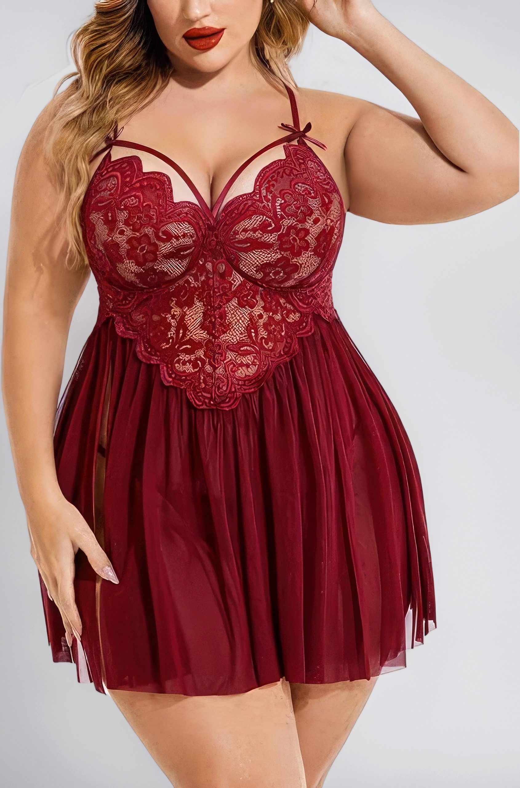 Plus Size Lingerie Lace Babydoll Womens Strap Chemise Nightgown V Neck Nighty Mesh Sleepwear Side Slit Nightdress with G-Sting Panty