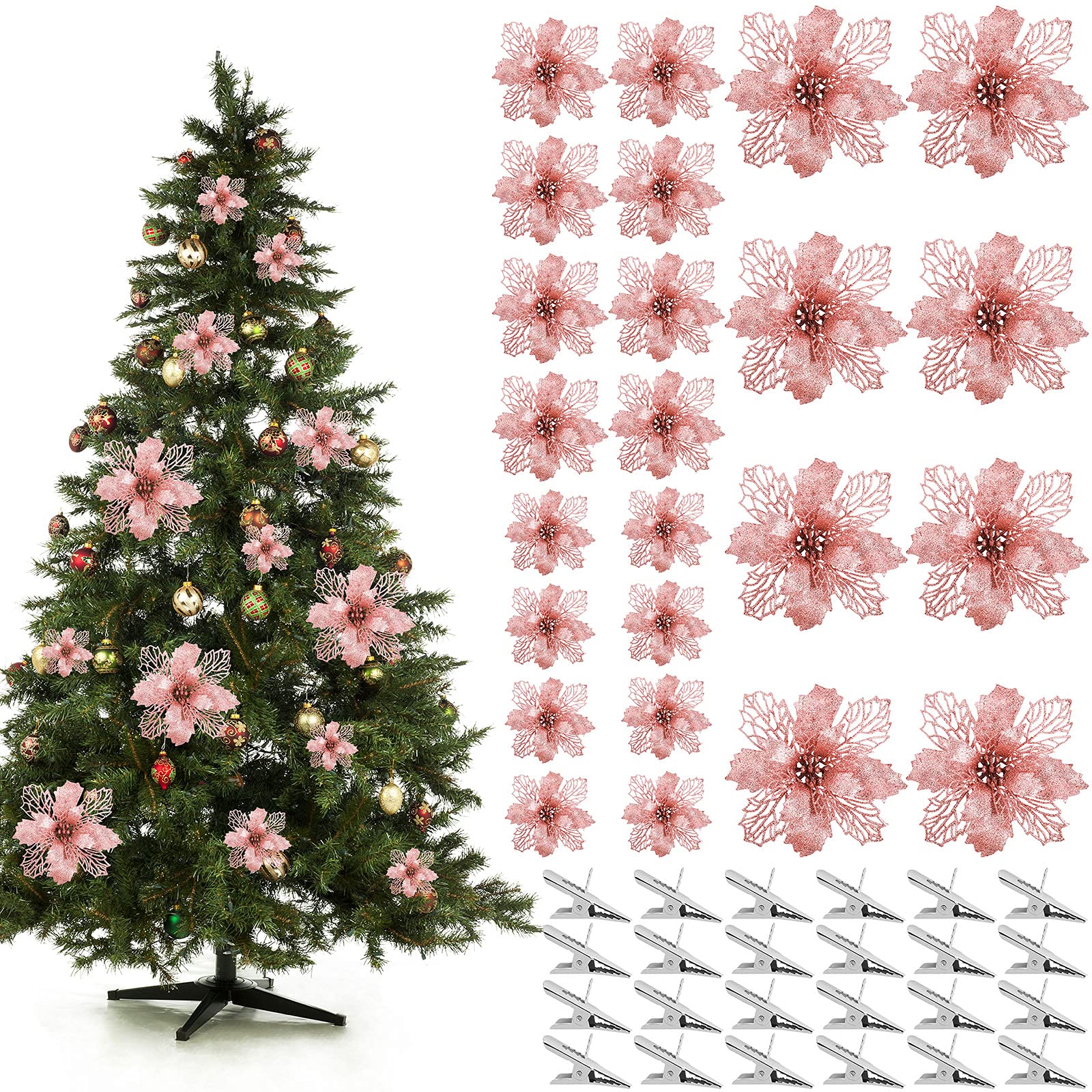 MCEAST 24 Pieces Christmas Artificial Poinsettia Flowers with 24 Clips Glitter Christmas Flower for Christmas Tree Ornaments Xmas Wedding Party Decor, Rose Gold