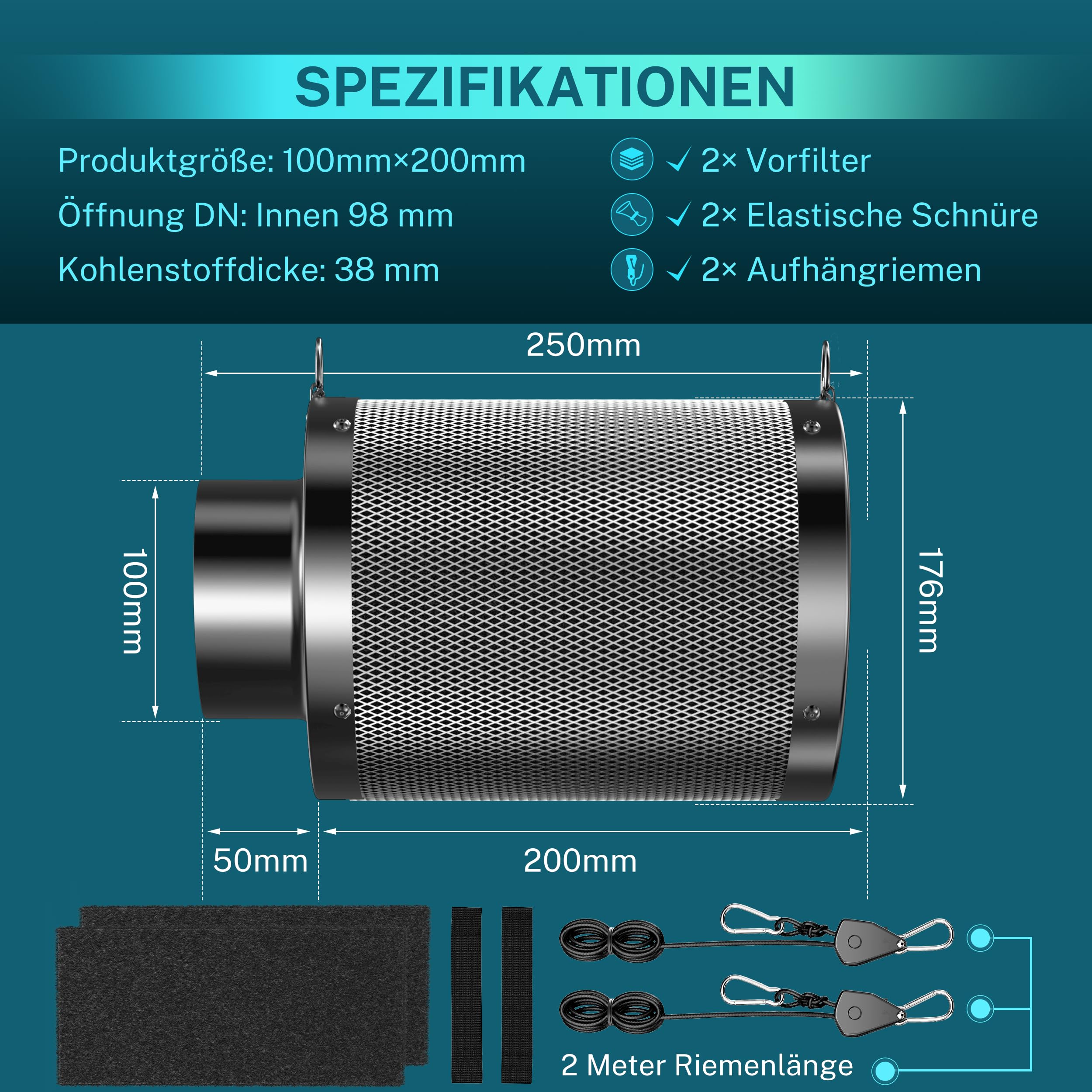 HG Power Aktivkohlefilter 100mm, Länge 200mm – 38mm Premium Australische Virgin-Aktivkohle, Geruchskontrolle für Grow-Zelt, Hydrokultur & Rohrventilator, inkl. 2 Vorfilter & Reversibler Flansch