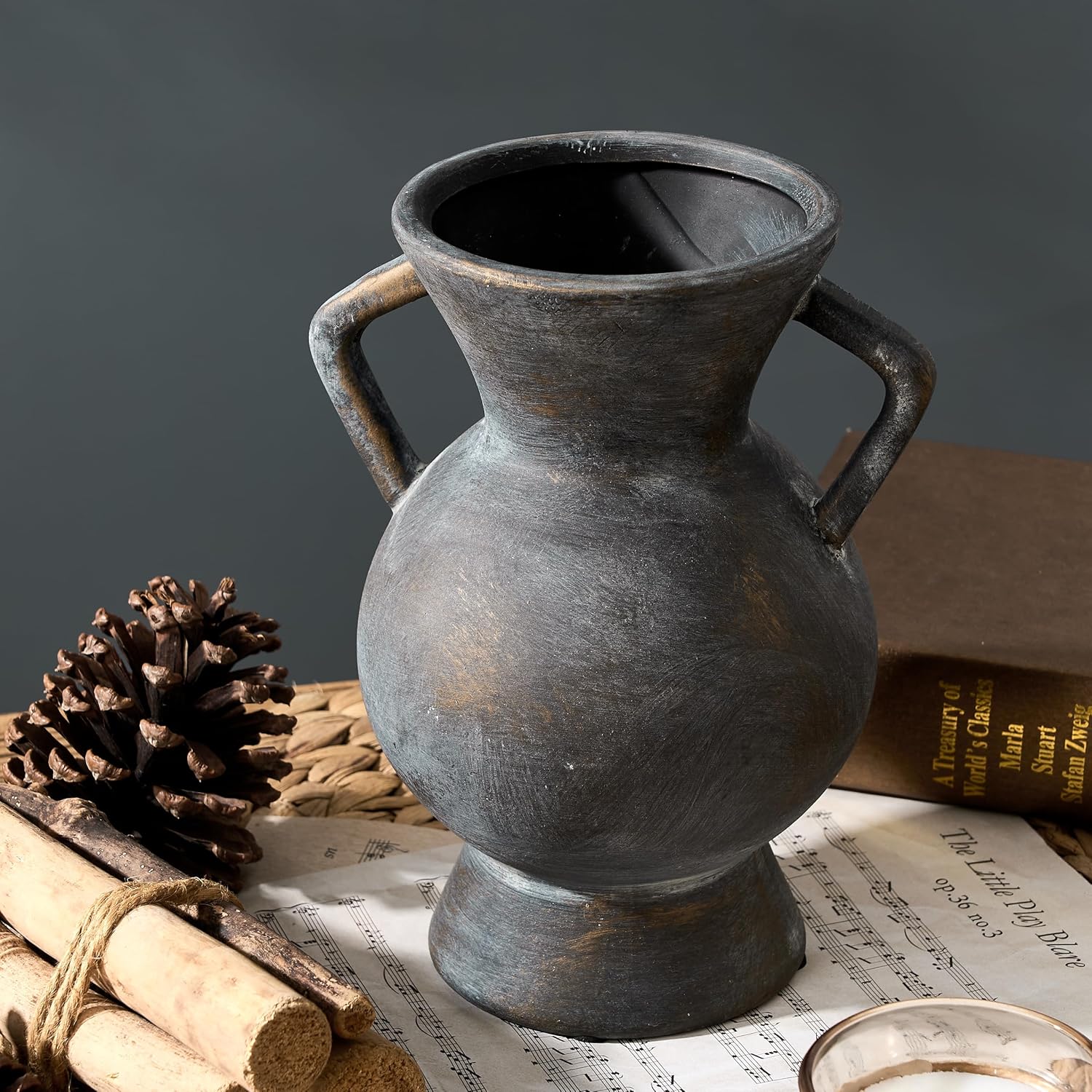 LUKA Antique Ceramic Vase with 2 Handle,9.25 inches Rustic Vase Minimalist Decor, Decorative Vases for Home Decor, Table, Living Room, Shelf, Christmas Decoration(Large,Black and Gold)
