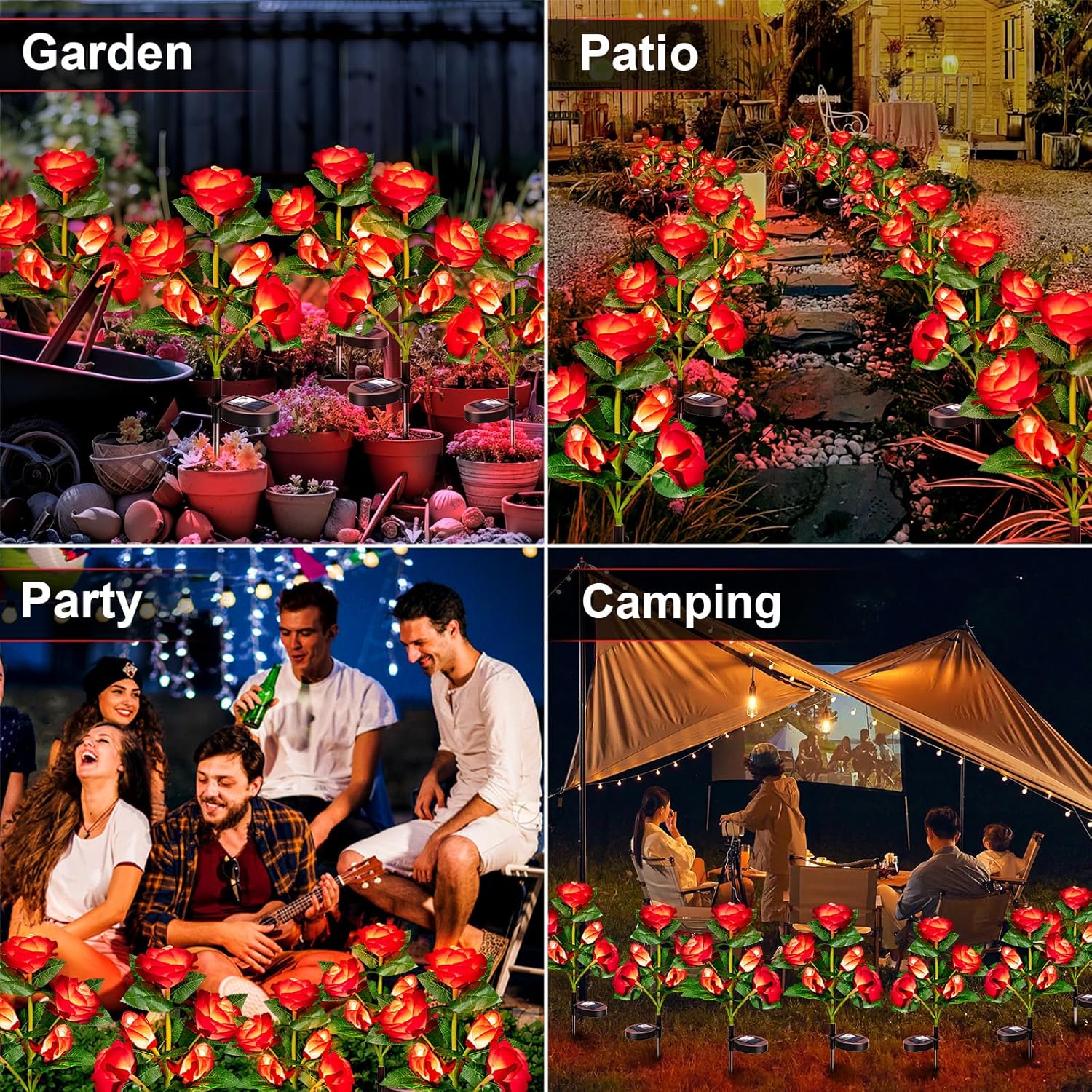 Anordsem Solar Garden Lights Outdoor: 10 Artificial Fabric Red Roses Flowers 2 Pack- LED Flower Decorations for Cemetery Grave Pathway Yard- Birthday Gifts for Women, Wife and Mother