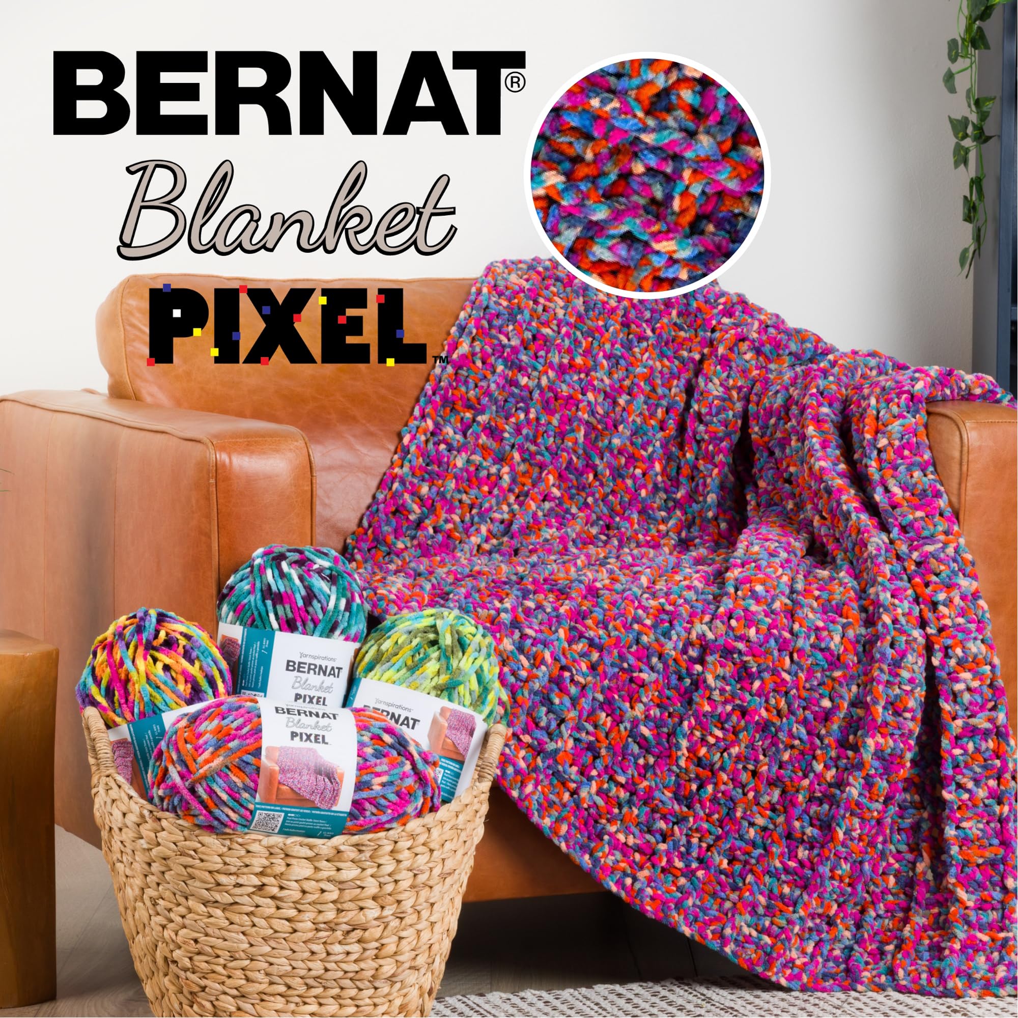 Bernat Blanket Pixel All The Colors Yarn - 2 Pack of 300g/10.5oz - 100% Polyester - #6 Super Bulky - 191 Yards - Knitting/Crochet - 4