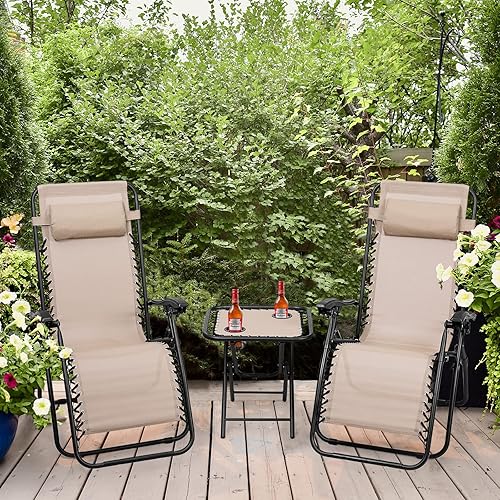 Miniatura 9 de Goplus Zero Gravity - Juego de sillas reclinables de 3 piezas para exteriores con mesa auxiliar, reposacabezas y portavasos, reclinables plegables