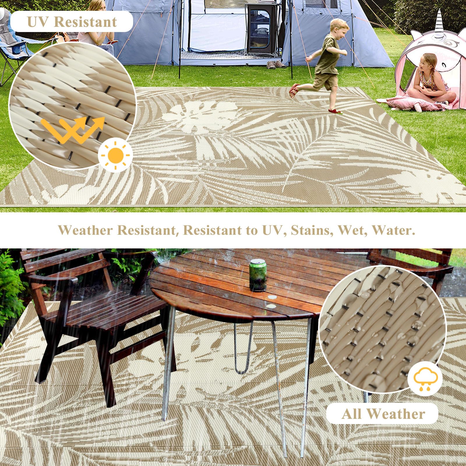 famibay Tapis d'extérieur réversible en paille de plastique imperméable, tapis de camping, tapis d'extérieur léger et pliable pour patio, balcon, terrasse, camping (marron)