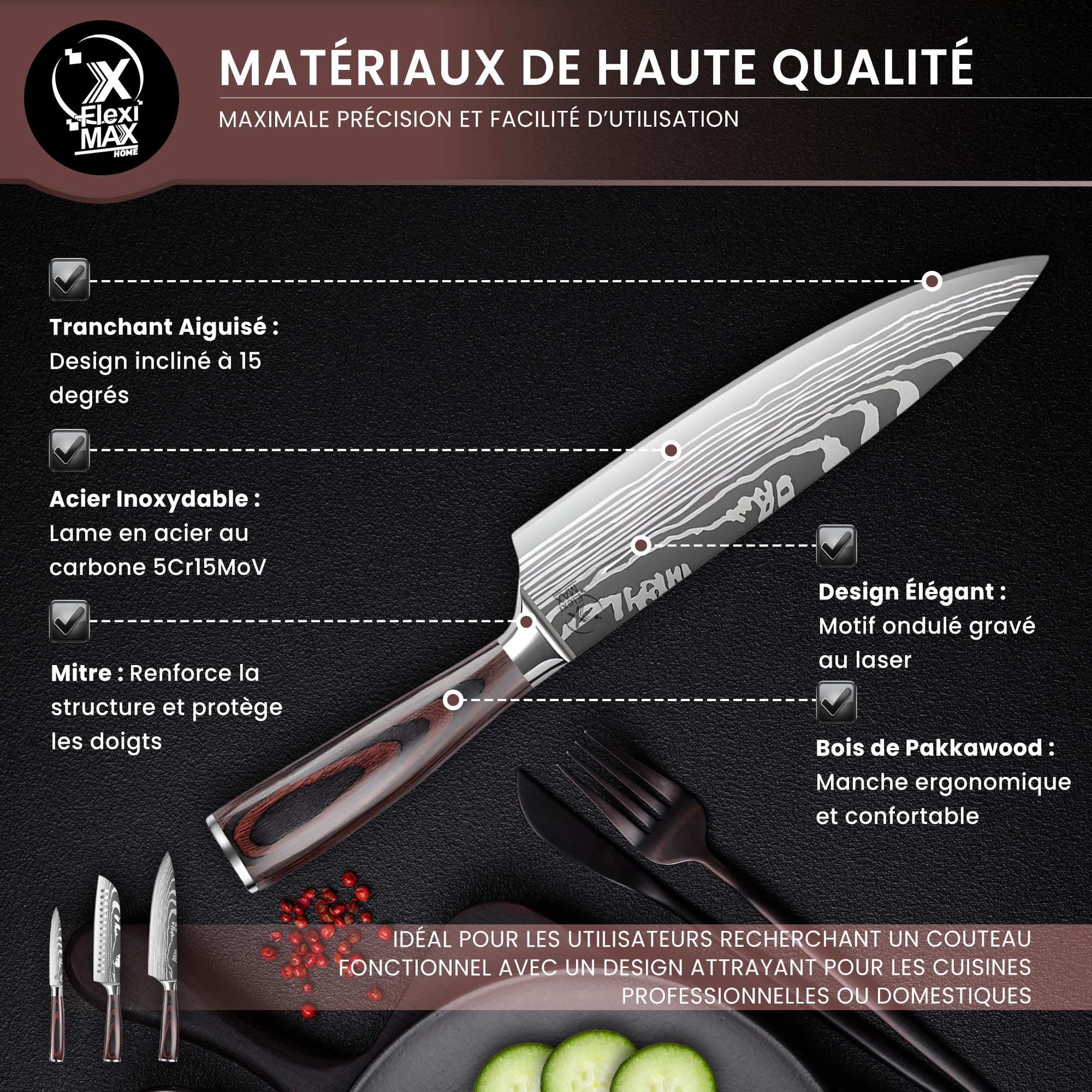 couteau cuisine couteaux de cuisine de Couteaux Chef 8”, Santoku 7”, Utilitaire 5” et Éplucheur couteau de cuisine