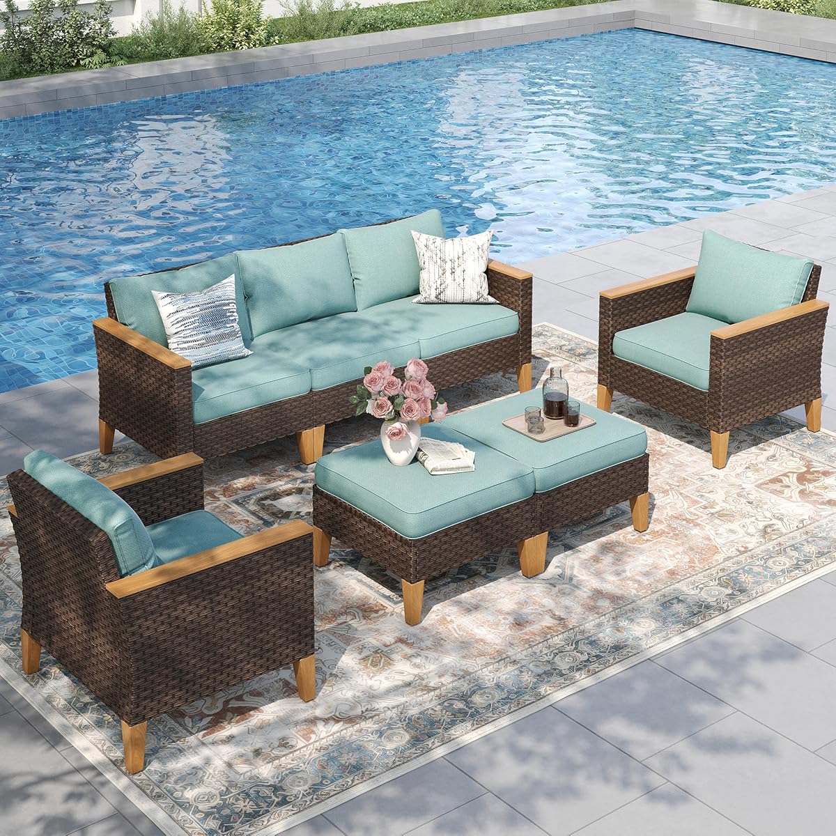 PHI VILLA 7-Piece Wicker Patio Conversation Set, Outdoor Rattan Sectional Pool Furniture Patio Set for 7 Seats with Cushioned 2 x Single Sofa, 2 x Armrest Chair, 2 x Ottoman and 1 x Armless Sofa, Blue