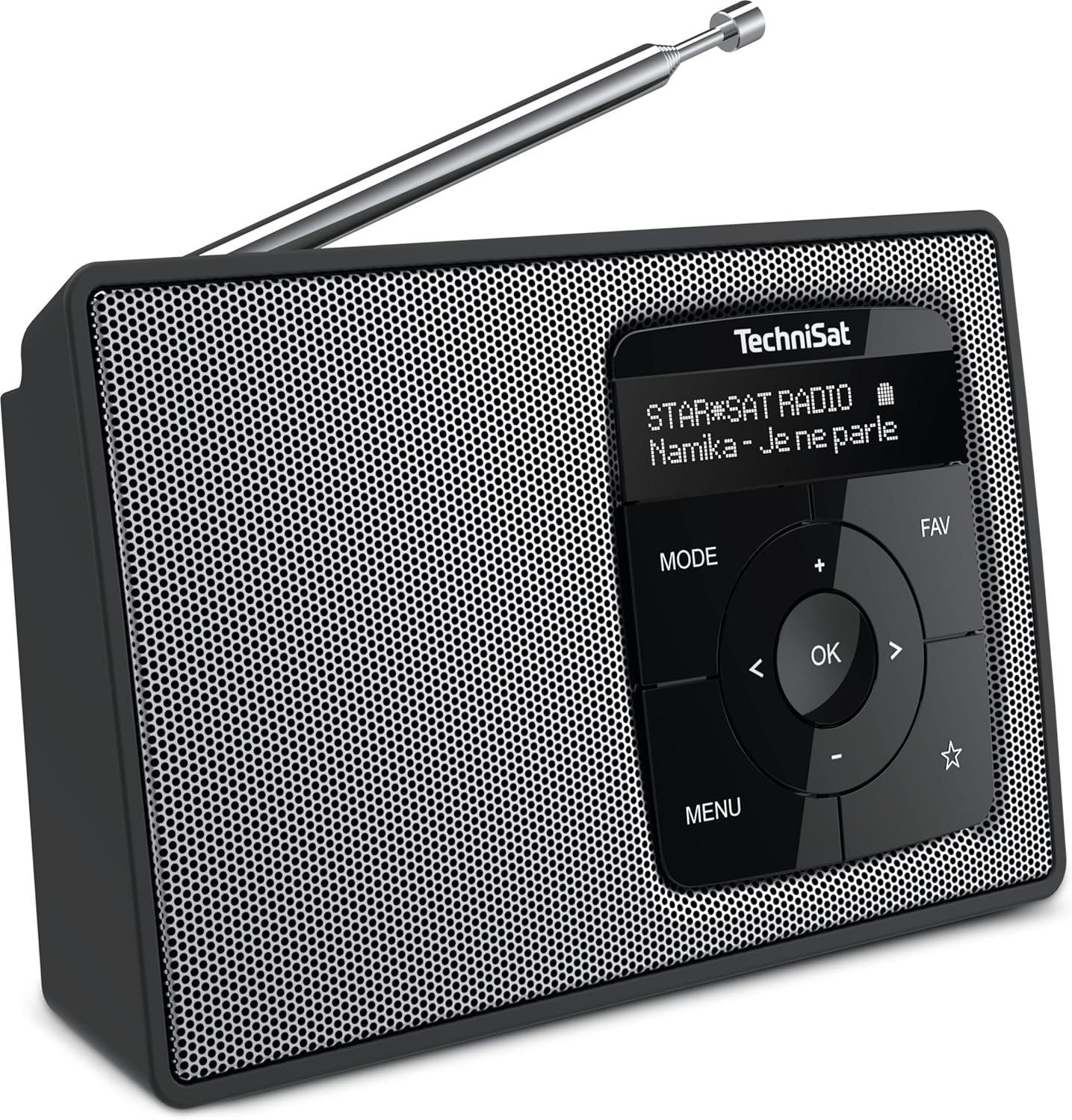 En angle view of the TechniSat DIGITRADIO 2, showing the extended antenna and the side profile.