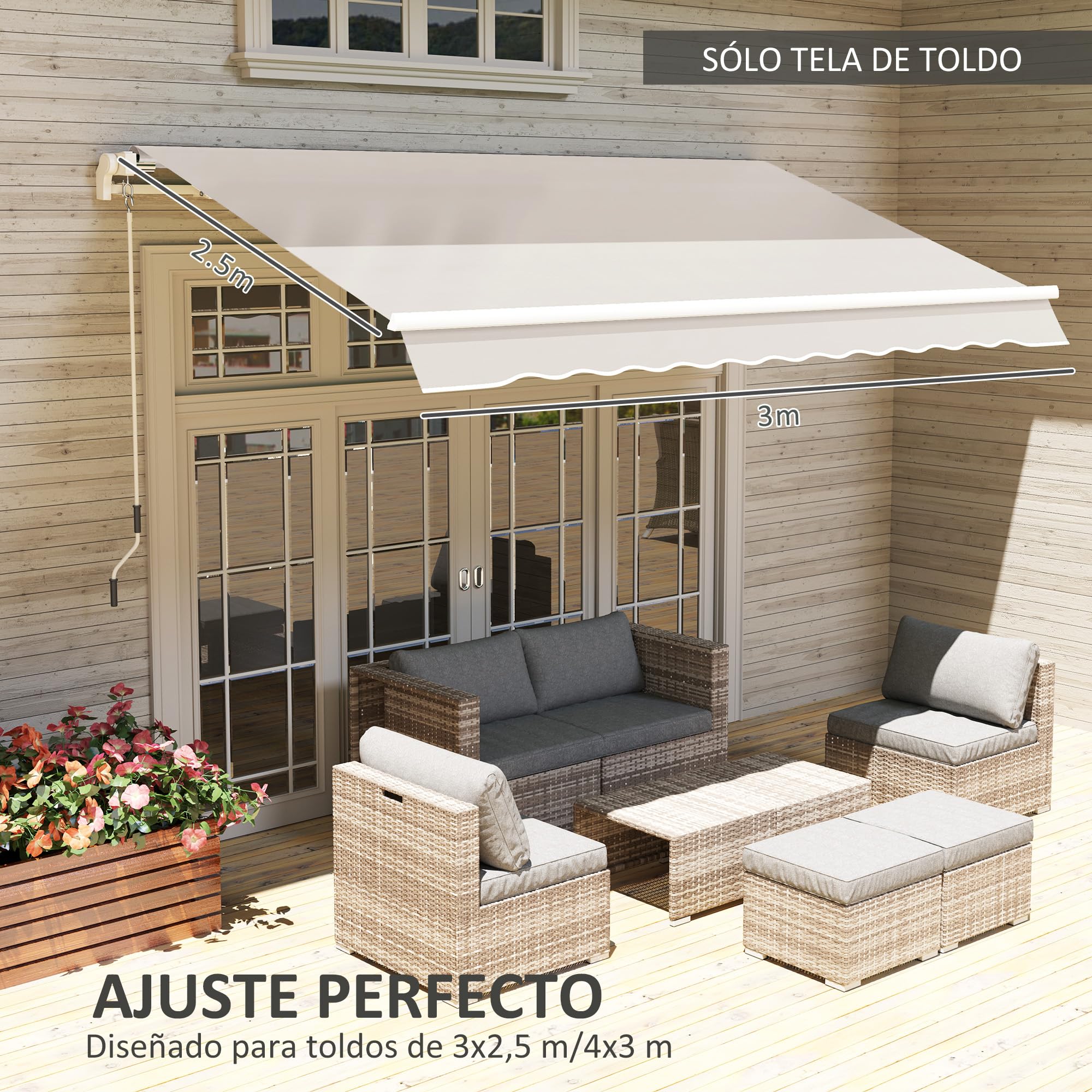 Outsunny Techo de Repuesto para Toldo 282x250 cm, Protección UV 50+, Crema | Lona para Toldo, Impermeable, Tela Poliéster 280g/㎡, Tela de Repuesto, Patio, Terraza, Jardín, Balcón
