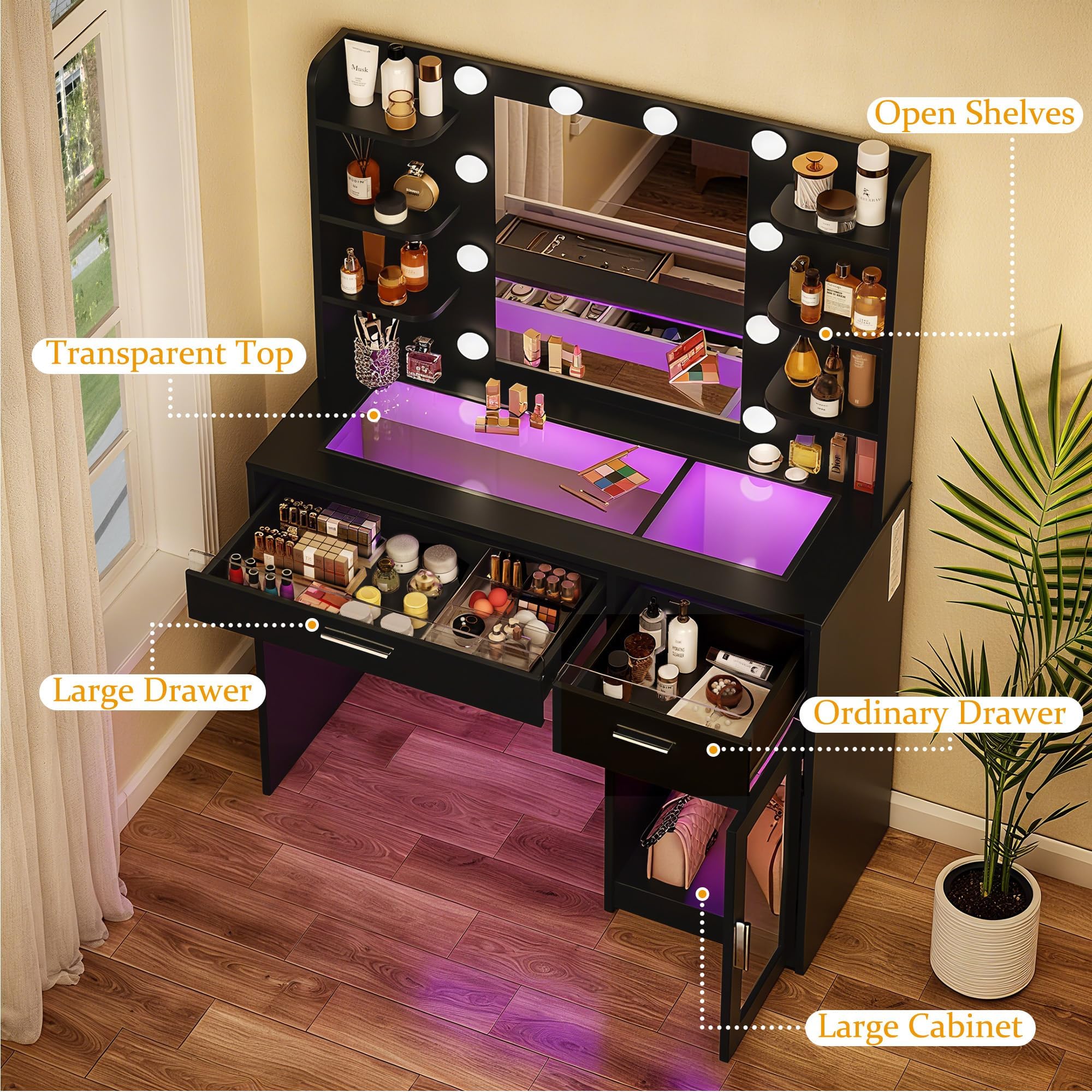 HUAHUU Vanity Desk with Mirror and Lights, Makeup Vanity Desk with Lights 3 Colors, Transparent Top Vanity with 2 RGB Drawers, 6 Shelves, Large Tempered Cabinet, Power Outlet, for Bedroom, White: Black