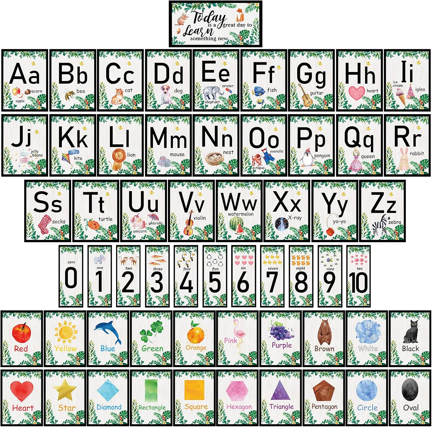 58 Pieces Educational Preschool Cards Kids Early Learning Poster Alphabet Number Colors and Shapes Bulletin Board Decoration Kindergarten Classroom Learning Card with Glue Point Dot (Rich Style) : Office Products