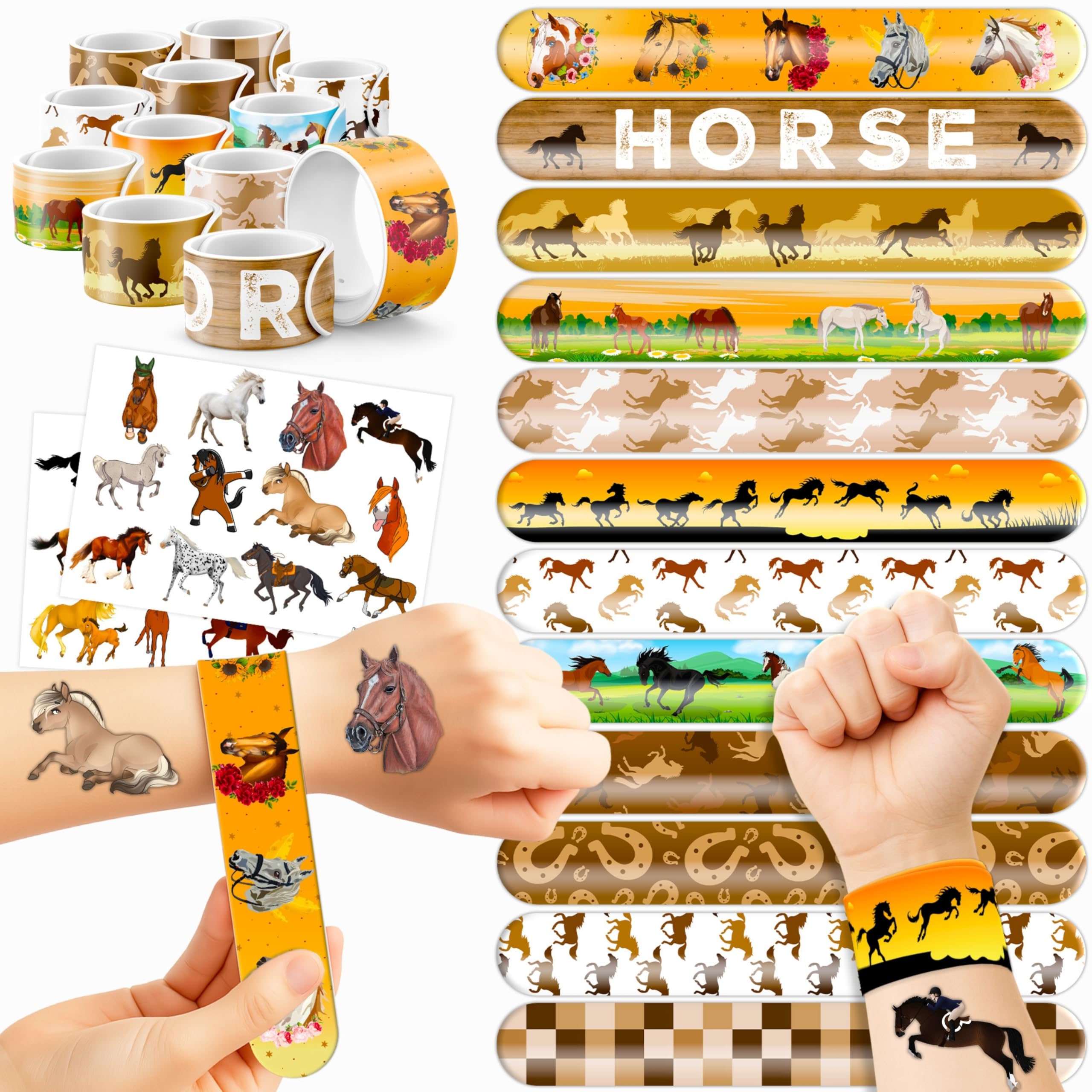 48PCS Horse Party Favors 24PCS Tattoos 24PCS Slap Bracelets Wristbands Themed Birthdays Party Supplies Decorations Decor DIY Pattern Girls Boys Gifts School Classroom Prize Carnival Christmas Reward