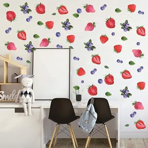 Strawberry Wall Decals Removable Fruit Wall Stickers Blueberry Wall Decals Peel and Stick Green Leaves Wall Decals Girls Bedroom Nursery Wall Decor Cover