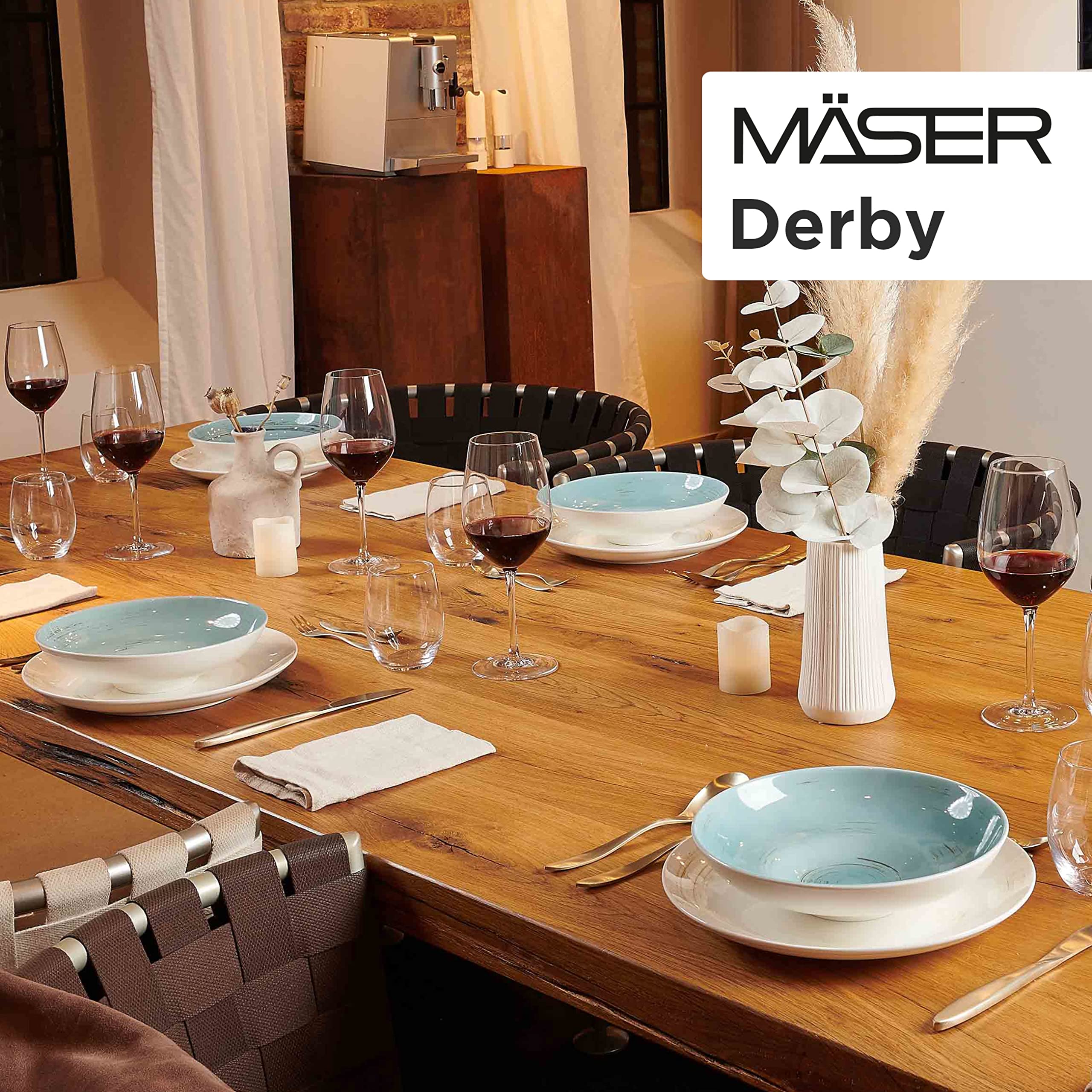 Service De Table MÄSER 30 Pièces Pour 6 Personnes : Porcelaine Blanche Sans Bordure, Décor Feuilles