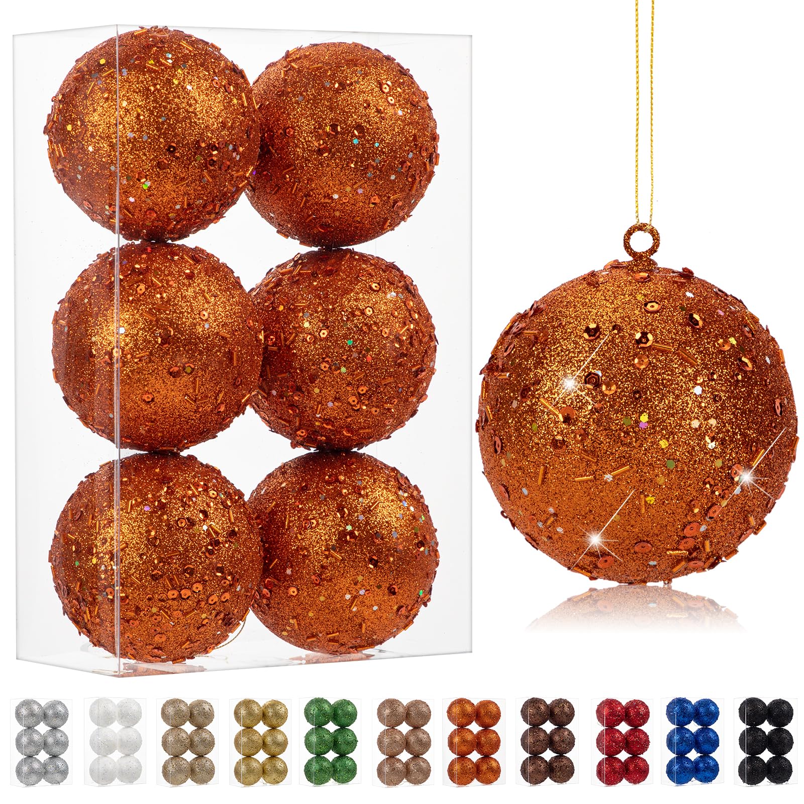 Oairse 10cm Large Christmas Bauble Ornaments 6 Pcs Shatterproof Big Orange Bauble for Xmas Tree Glitter Christmas Tree Ornaments for Halloween Holiday Wedding Party Decoration โ image 1