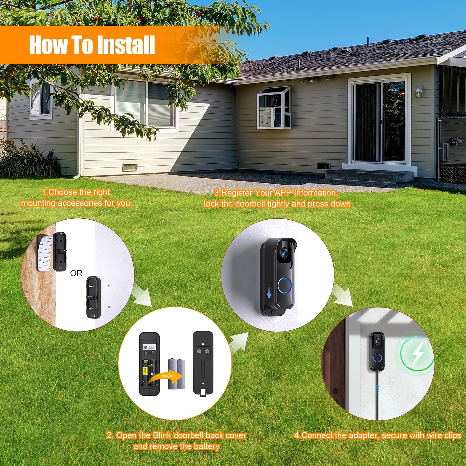 Adhesive Doorbell Mount and Adapter for Blink Doorbell Camera(All Models), Doorbell Transformer 5V with 18ft/5.5m Weatherproof Cable for Blink Video Doorbell(No Battery) Continuously Supply