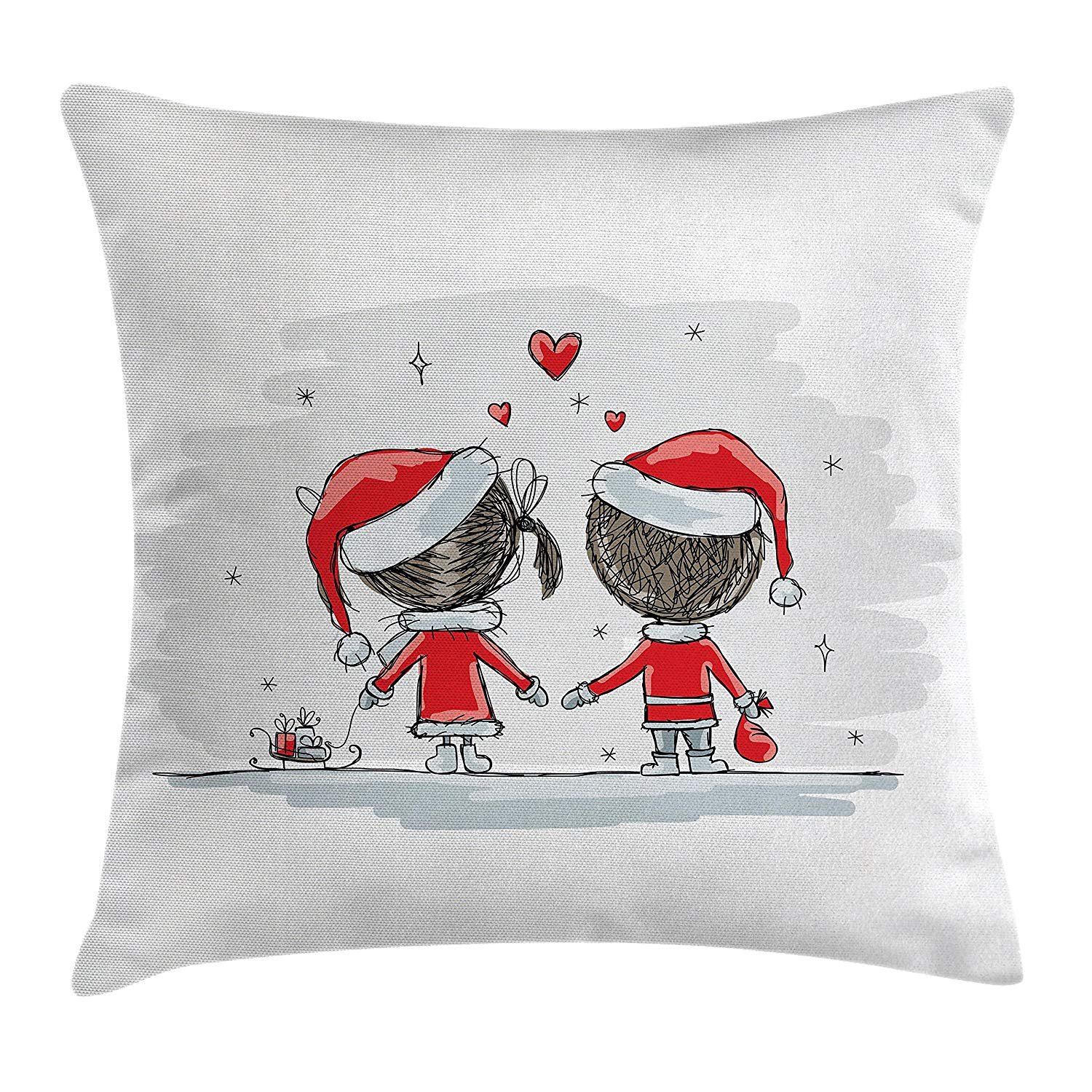 LLiopn Christmas Throw Pillow Cushion Cover, Soul Mates Love With Santa Costume Family Romance in Winter Night Picture Print, Decorative Square Accent Pillow Case, Red White 20x20 inches