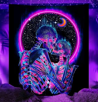 TUGCAY Blacklight Skull Tapestry Glow in the Dark Tapestry Kissing Lovers Tapestries Skeleton Neon Trippy Moon Stars Vertical Posters Wall Hanging Decor for Bedroom Aesthetic 59.1 x 78.1